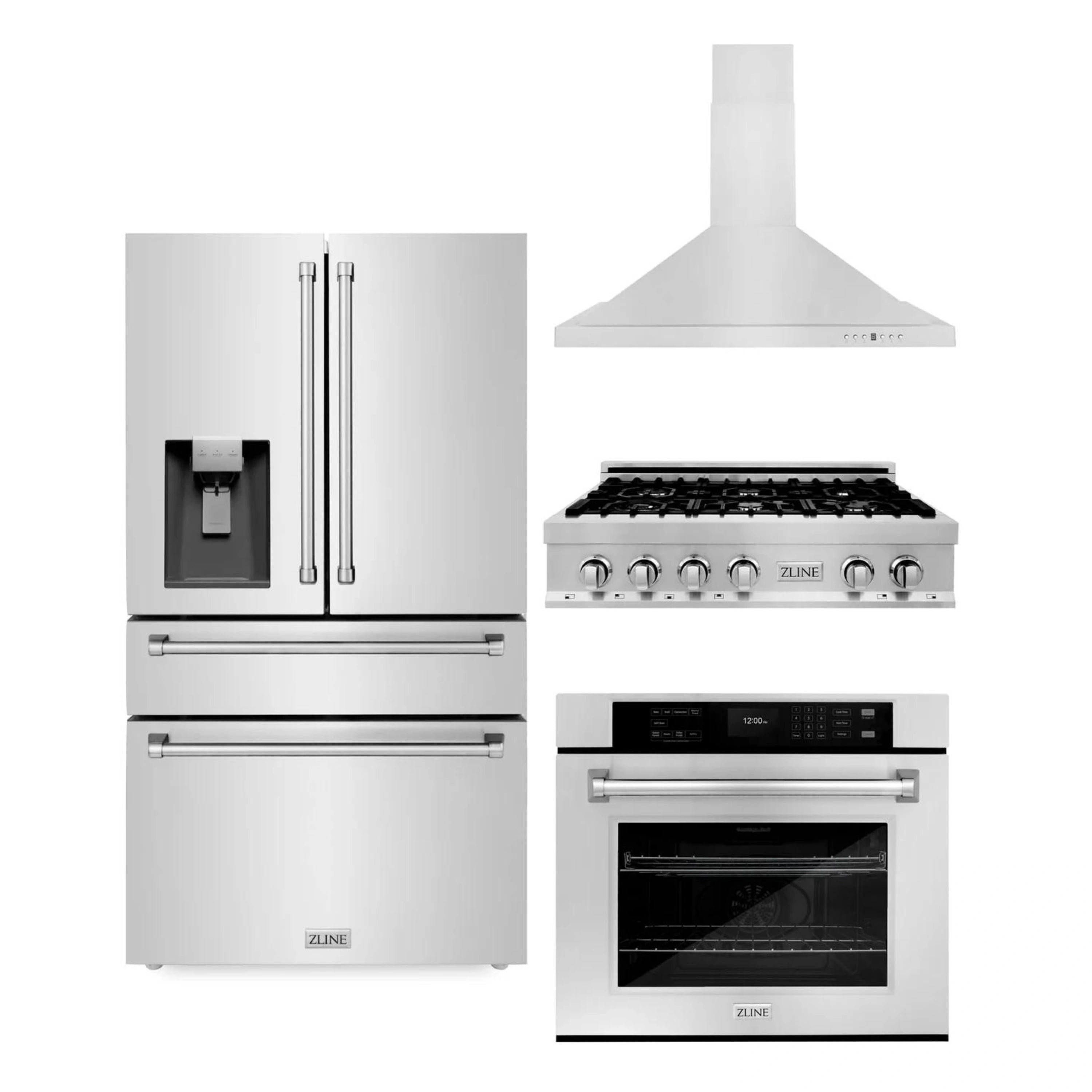 Stainless steel appliance package showing refrigerator, rangetop, wall oven, and hood