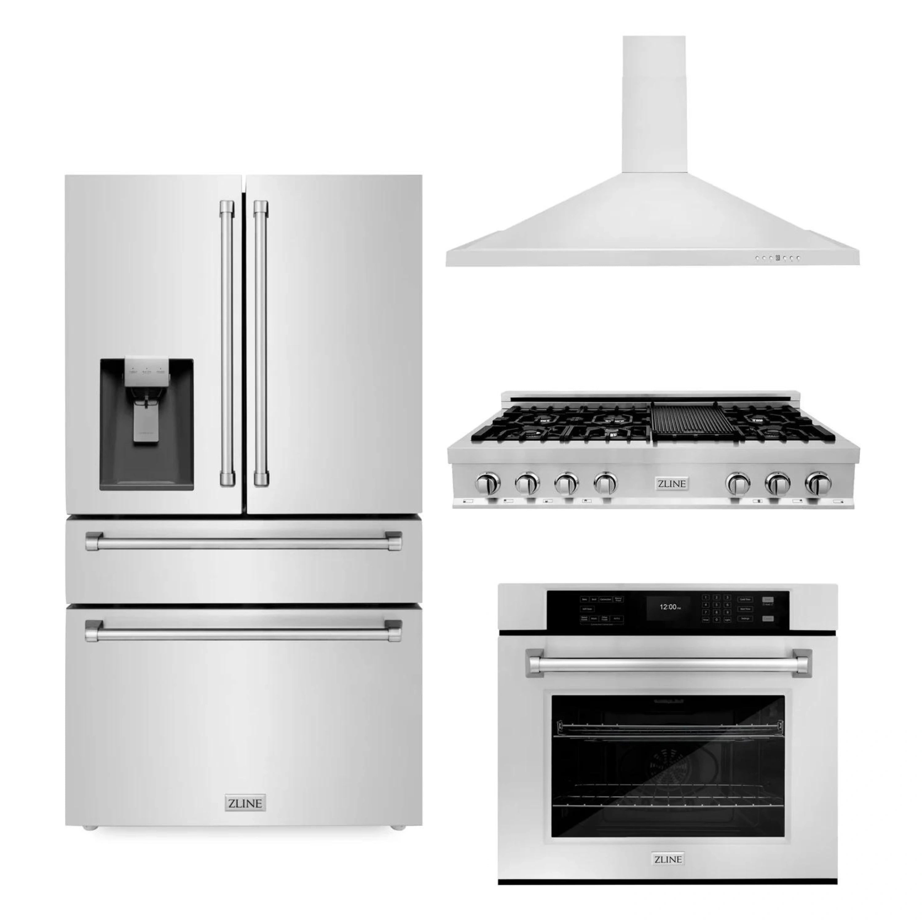 Stainless steel ZLINE appliance set: refrigerator, range, wall oven, and wall hood