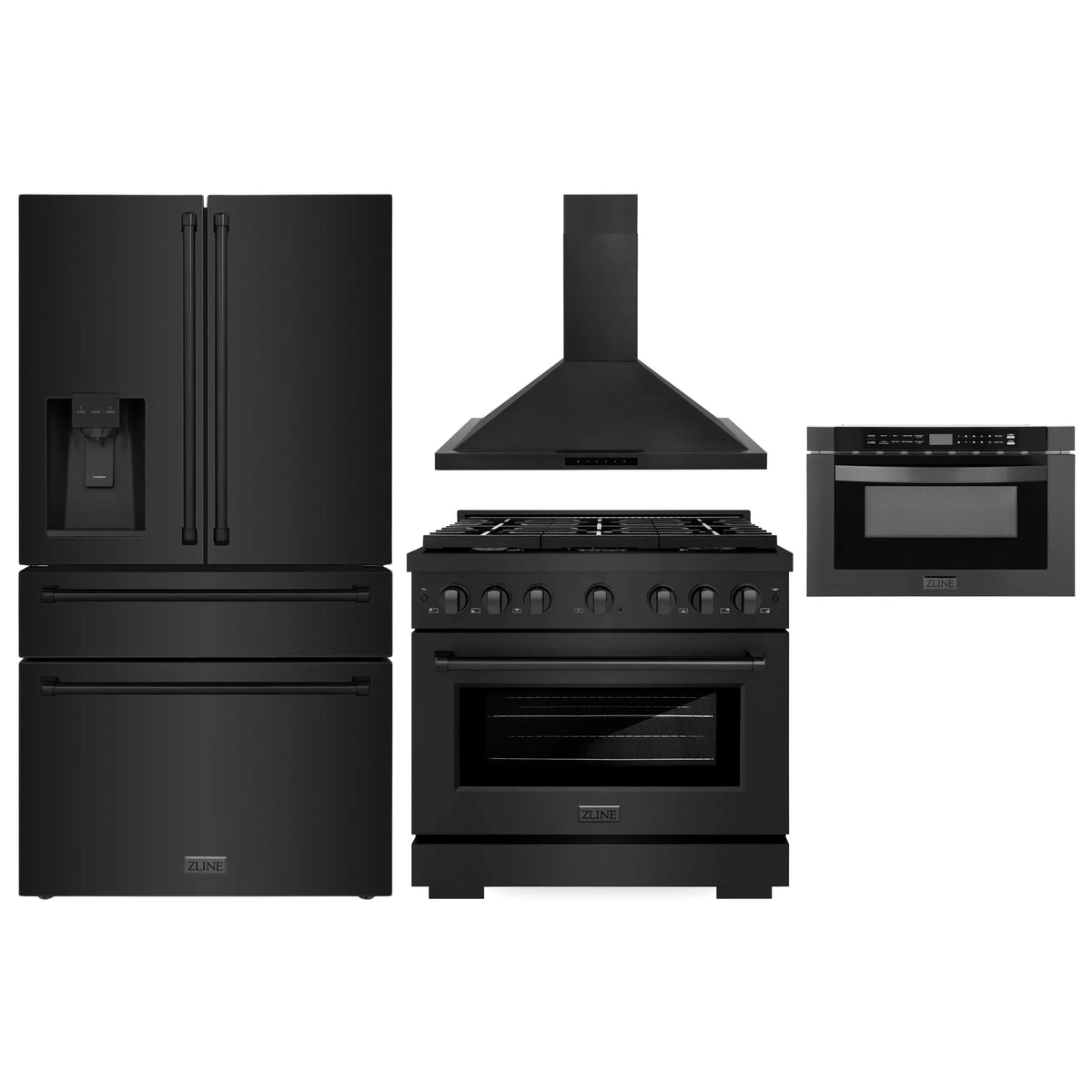 ZLINE 4-Piece Appliance Package - 36-Inch Gas Range, Refrigerator with Water Dispenser, Convertible Wall Mount Hood, and Microwave Drawer in Black Stainless Steel (4KPRW-SGRBRH36-MWD)