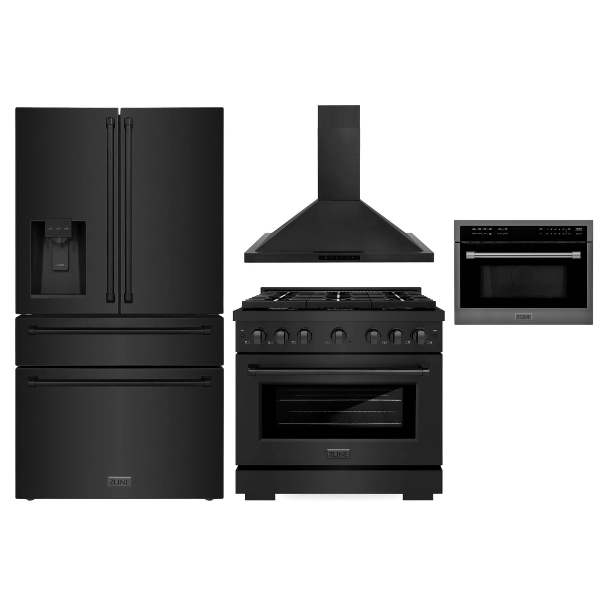ZLINE 4-Piece Appliance Package - 36-Inch Gas Range, Refrigerator with Water Dispenser, Convertible Wall Mount Hood, and Microwave Oven in Black Stainless Steel (4KPRW-SGRBRH36-MWO)