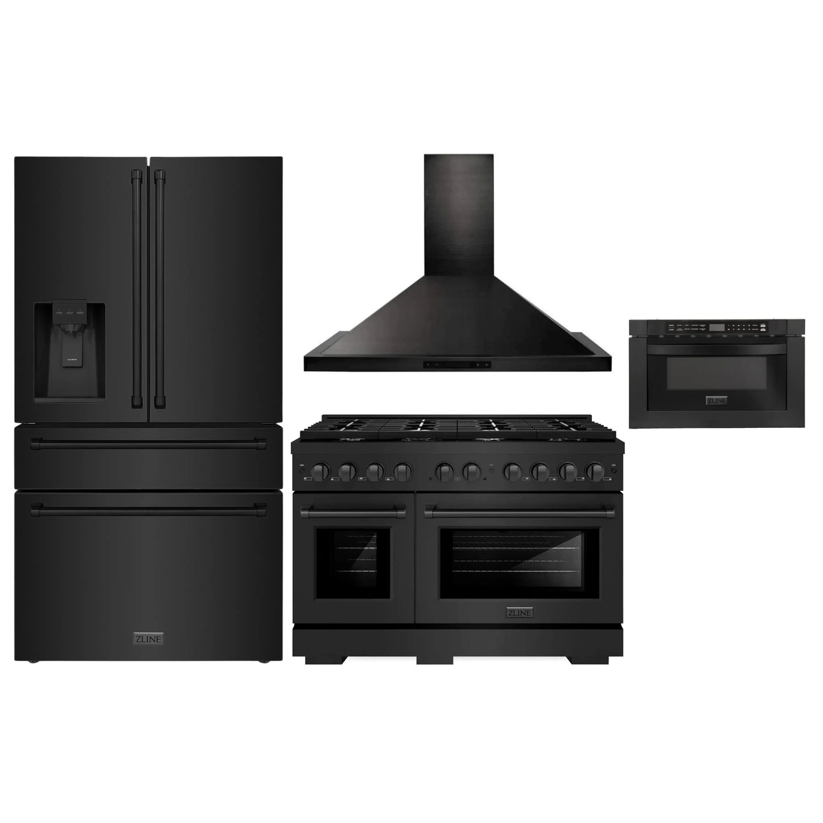 ZLINE 4-Piece Appliance Package - 48-Inch Gas Range, Refrigerator with Water Dispenser, Convertible Wall Mount Hood, and Microwave Drawer in Black Stainless Steel (4KPRW-SGRBRH48-MWD)