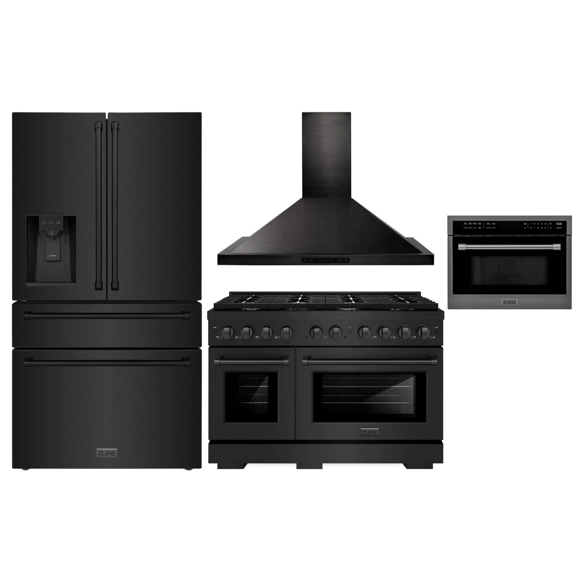 ZLINE 4-Piece Appliance Package - 48-Inch Gas Range, Refrigerator with Water Dispenser, Convertible Wall Mount Hood, and Microwave Oven in Black Stainless Steel (4KPRW-SGRBRH48-MWO)