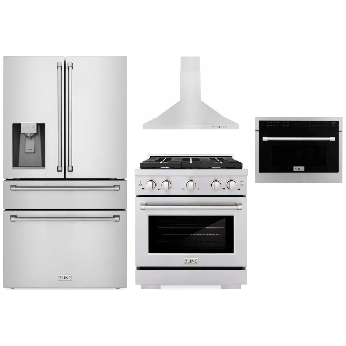 ZLINE 4-Piece Appliance Package - 30-Inch Gas Range, Refrigerator with Water Dispenser, Convertible Wall Mount Hood, and Microwave Oven in Stainless Steel (4KPRW-SGRRH30-MWO)