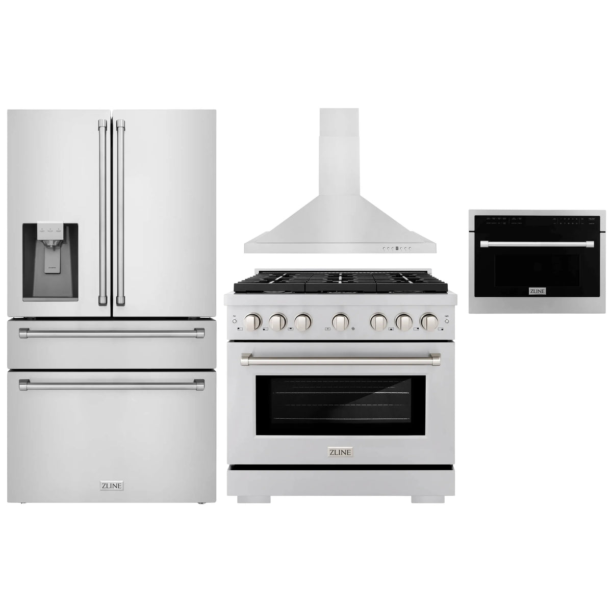 ZLINE 4-Piece Appliance Package - 36-Inch Gas Range, Refrigerator with Water Dispenser, Convertible Wall Mount Hood, and Microwave Oven in Stainless Steel (4KPRW-SGRRH36-MWO)