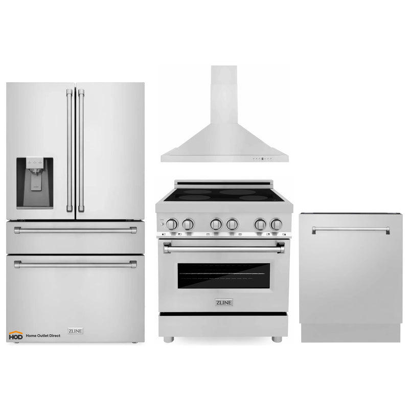 ZLINE 4-Piece Appliance Package - 30-Inch Induction Range, Wall Mount Range Hood, French Door Refrigerator with Water Dispenser, and Dishwasher in Stainless Steel