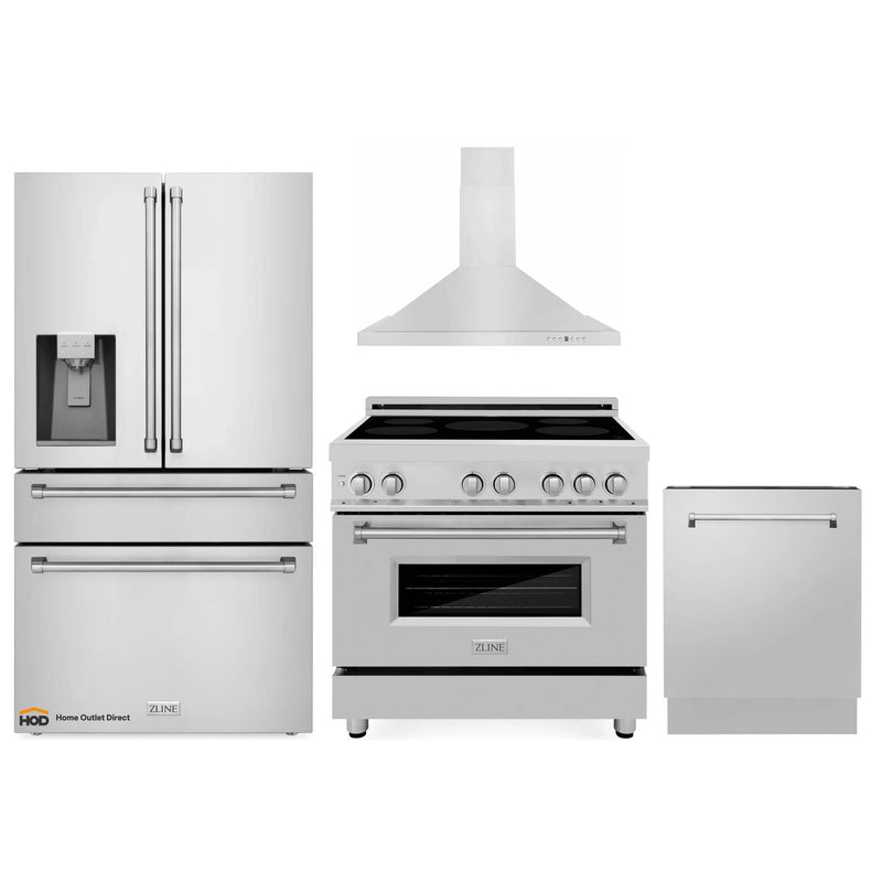 ZLINE 4-Piece Appliance Package - 36-Inch Induction Range, Wall Mount Range Hood, French Door Refrigerator with Water Dispenser, and Dishwasher in Stainless Steel