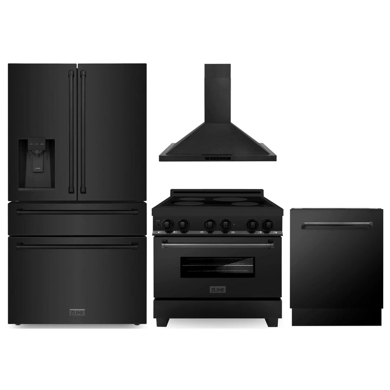 ZLINE 4-Piece Appliance Package - 36-Inch Induction Range, Wall Mount Range Hood, French Door Refrigerator with Water Dispenser, and Dishwasher in Black Stainless Steel