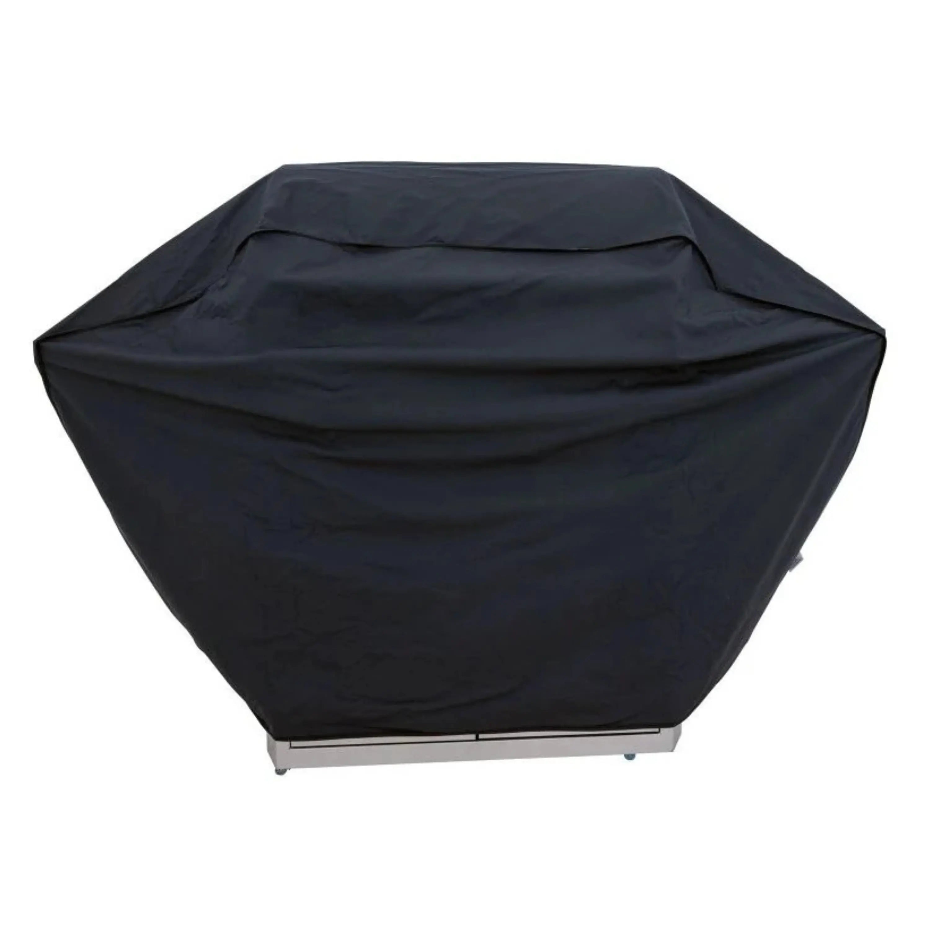 Dark grill cover for freestanding gas grill, fitted hood style with elastic hem