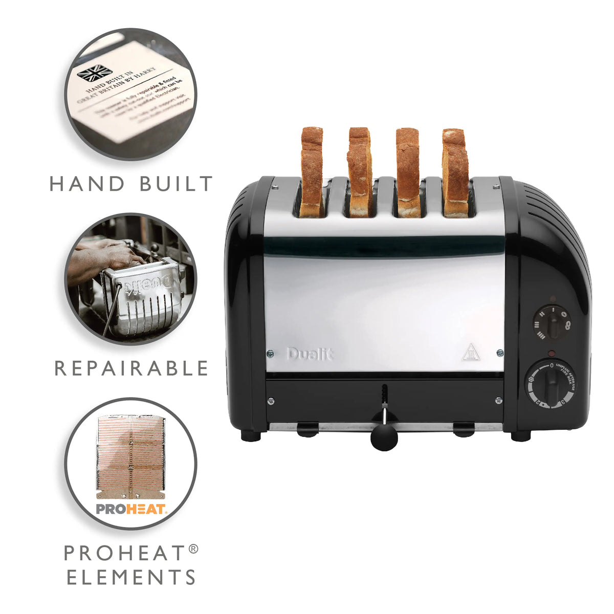 Dualit 4-slice NewGen toaster with four slots, matte black body, and silver front panel
