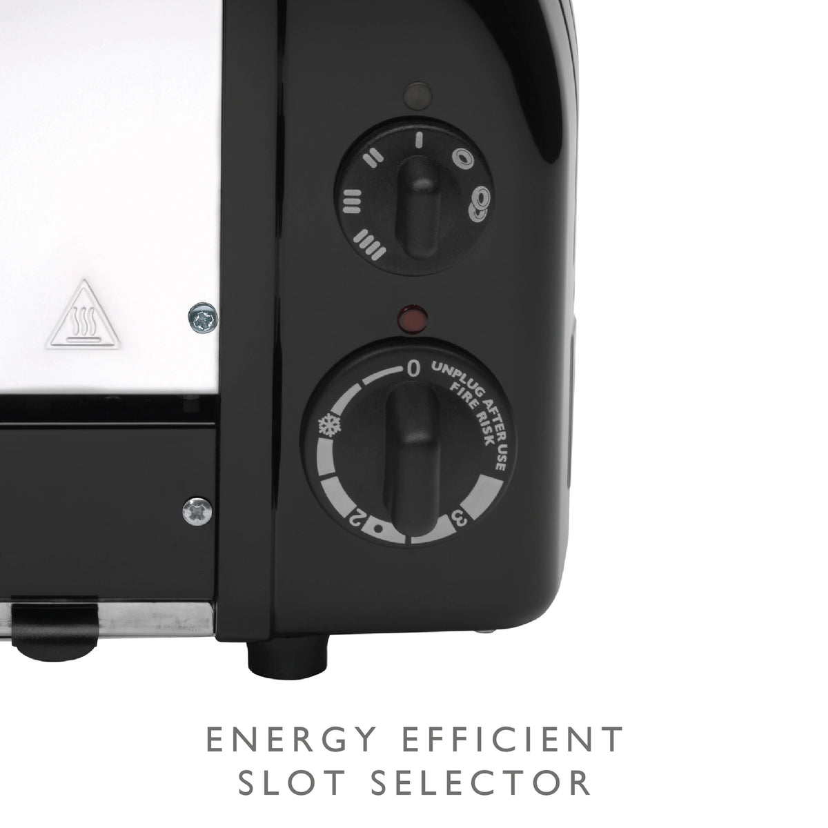 Dualit toaster side panel close-up with slot selector dial and matte black housing
