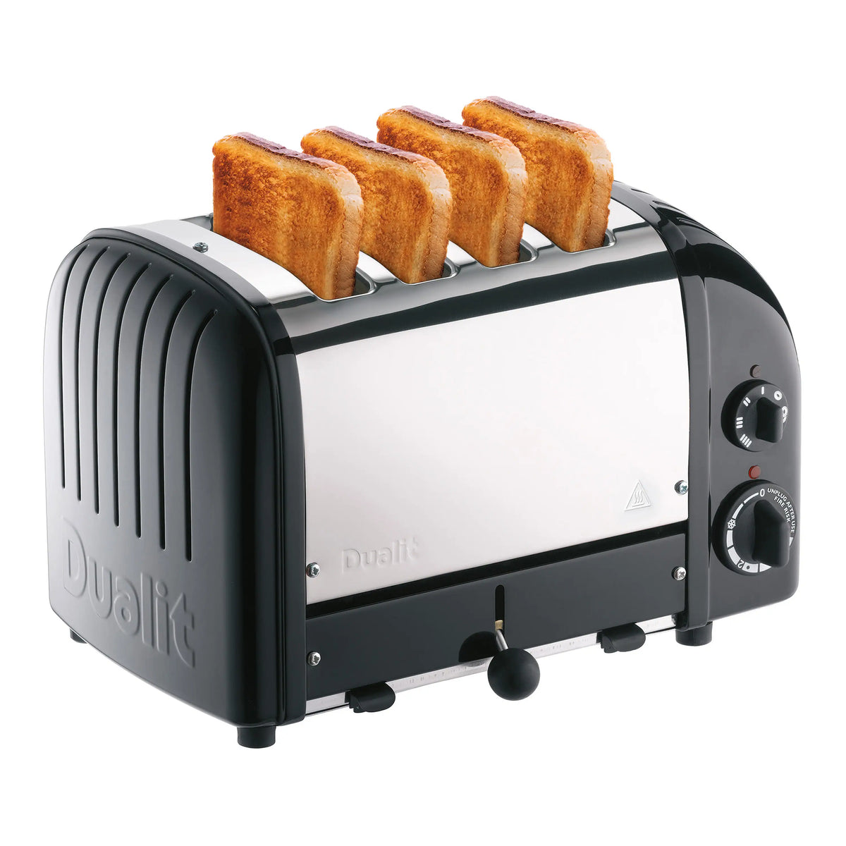 Dualit 4-slice matte black toaster with toasted bread slices in slots