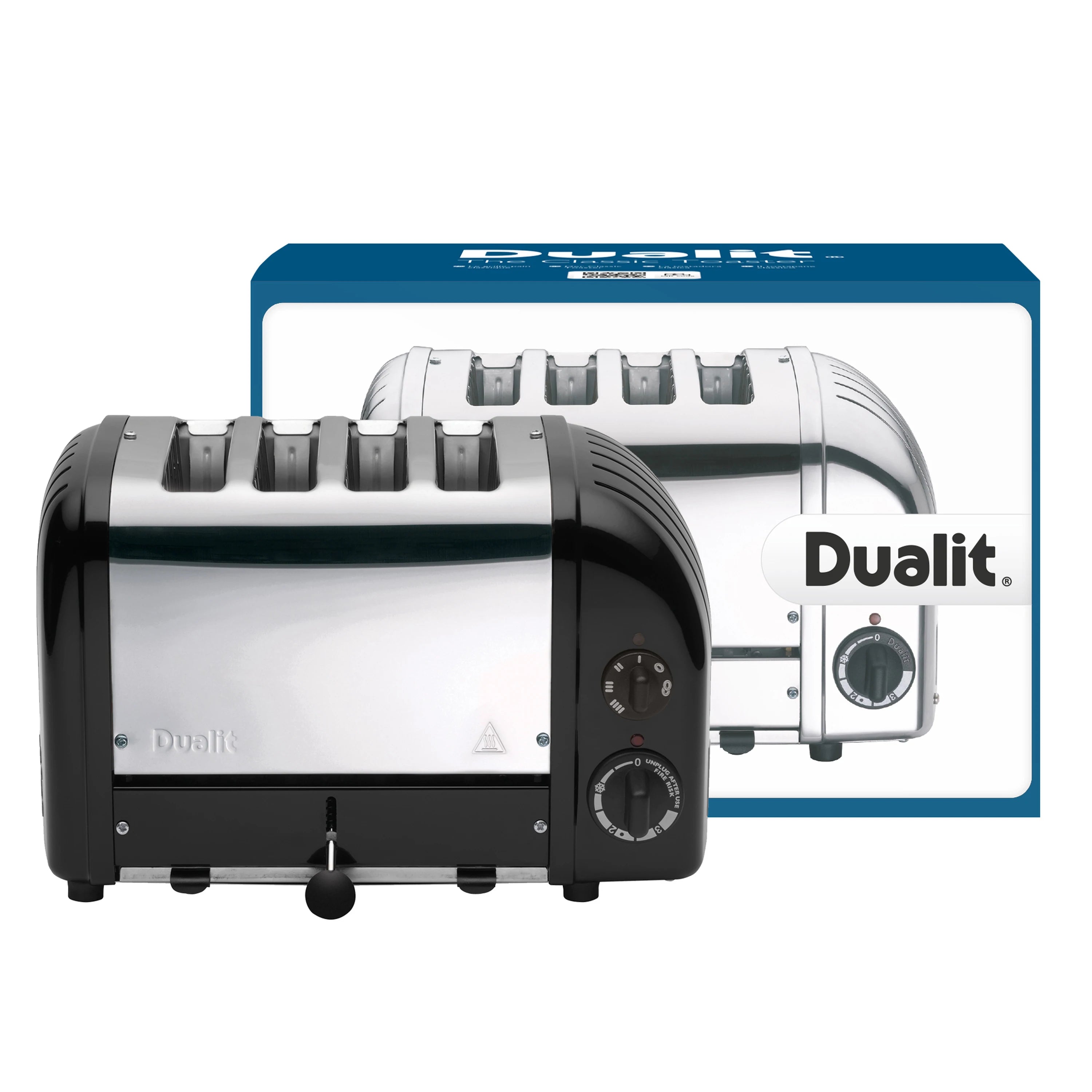 Dualit 4-slice matte black toaster in retail box packaging