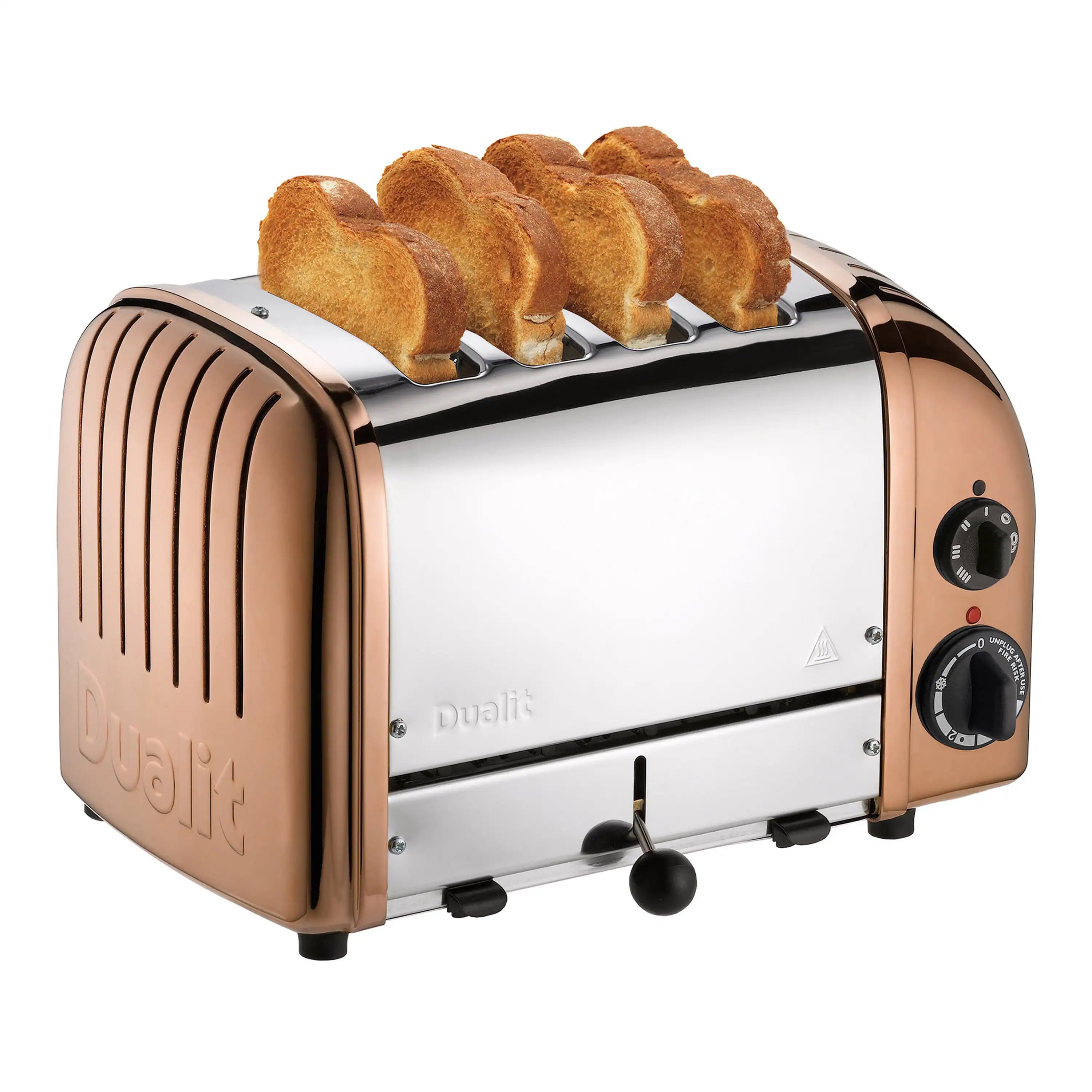 Copper-and-white 4-slice toaster with golden toast loaded in slots