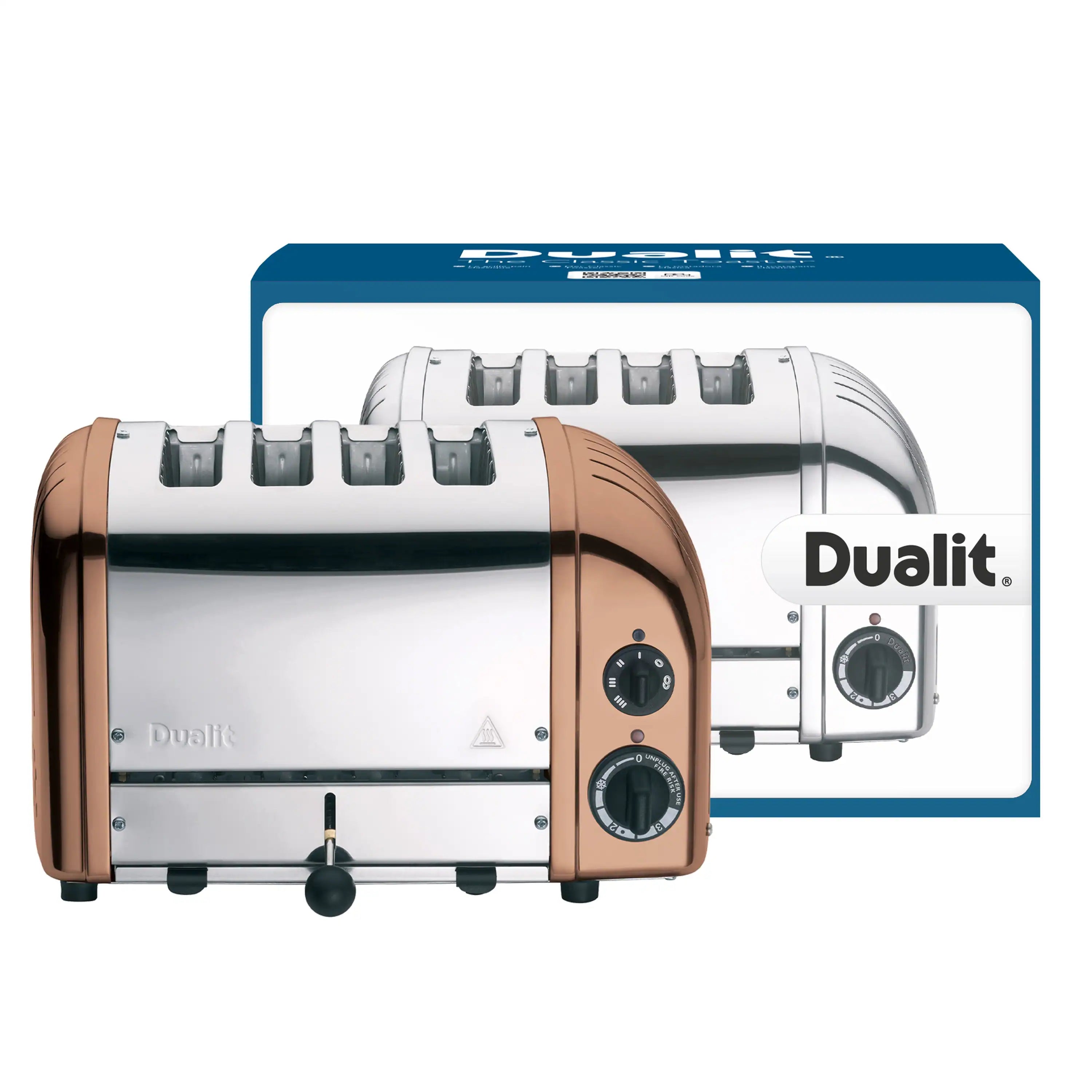 Dualit 4-slice copper and white toaster in retail box