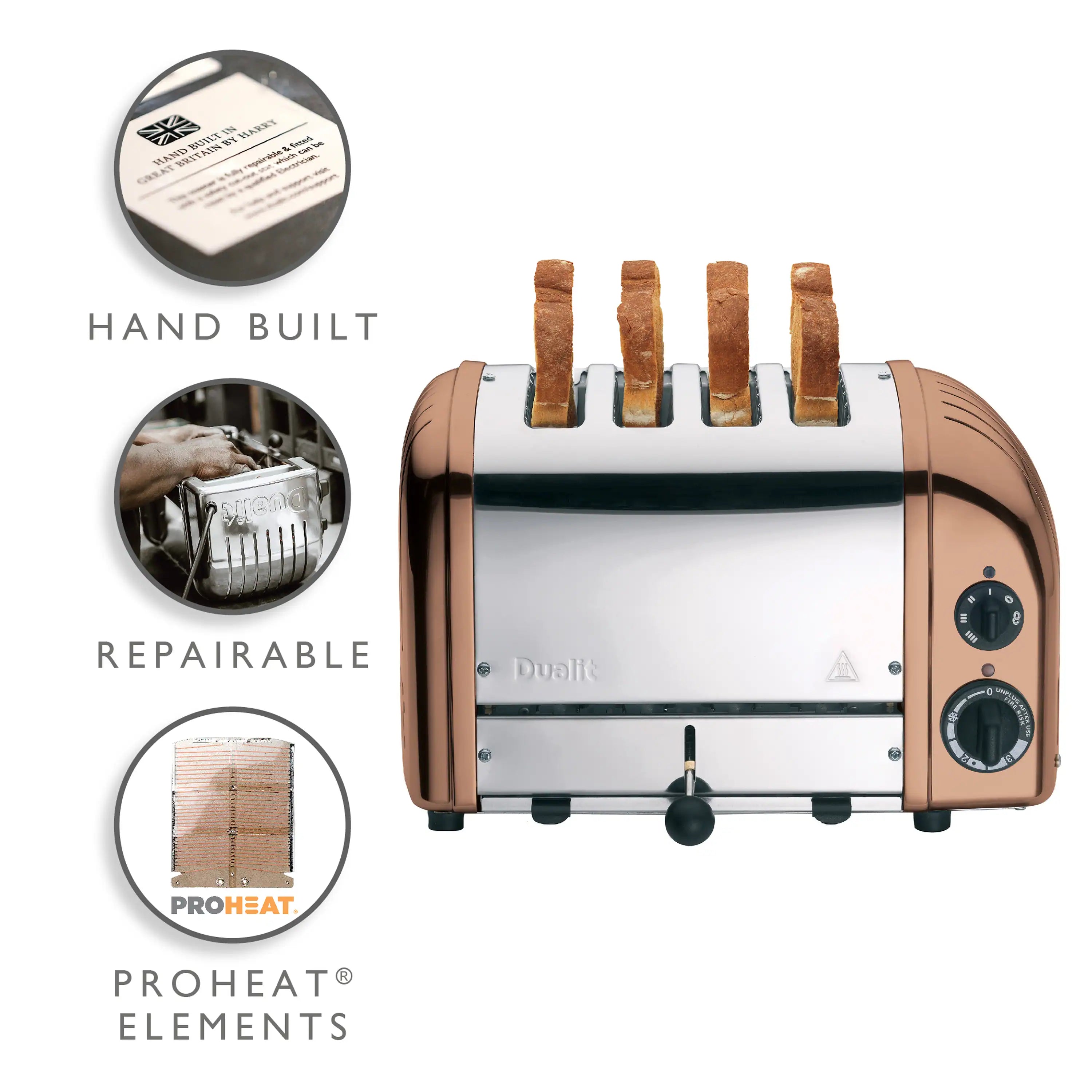 Dualit 4-slice toaster with copper sides and black toasting slots