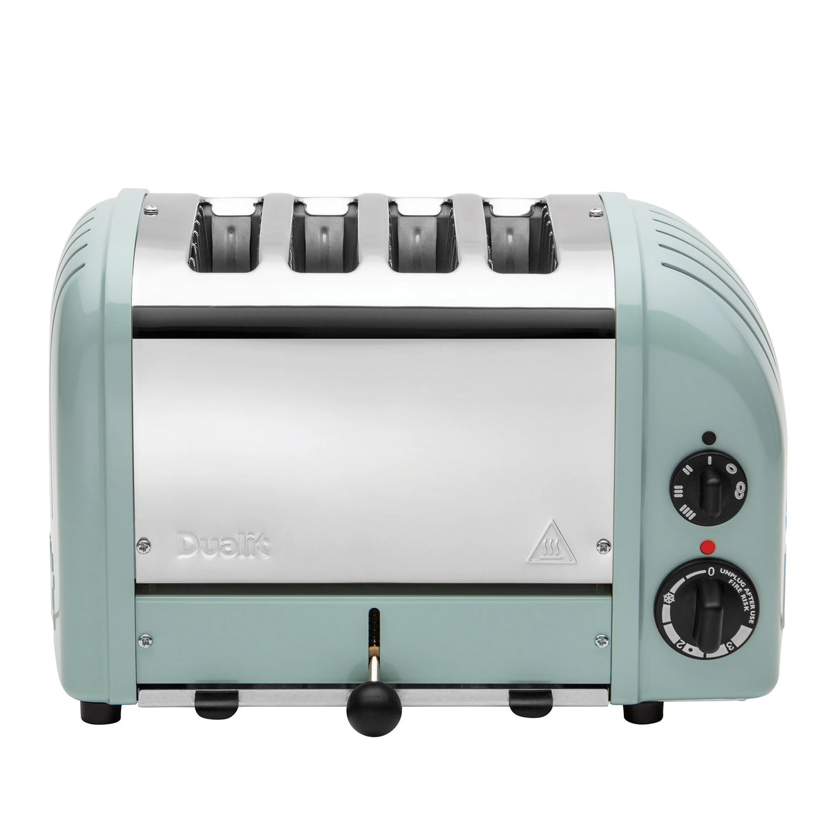 Dualit NewGen four-slice toaster front view in eucalyptus with dual control dials