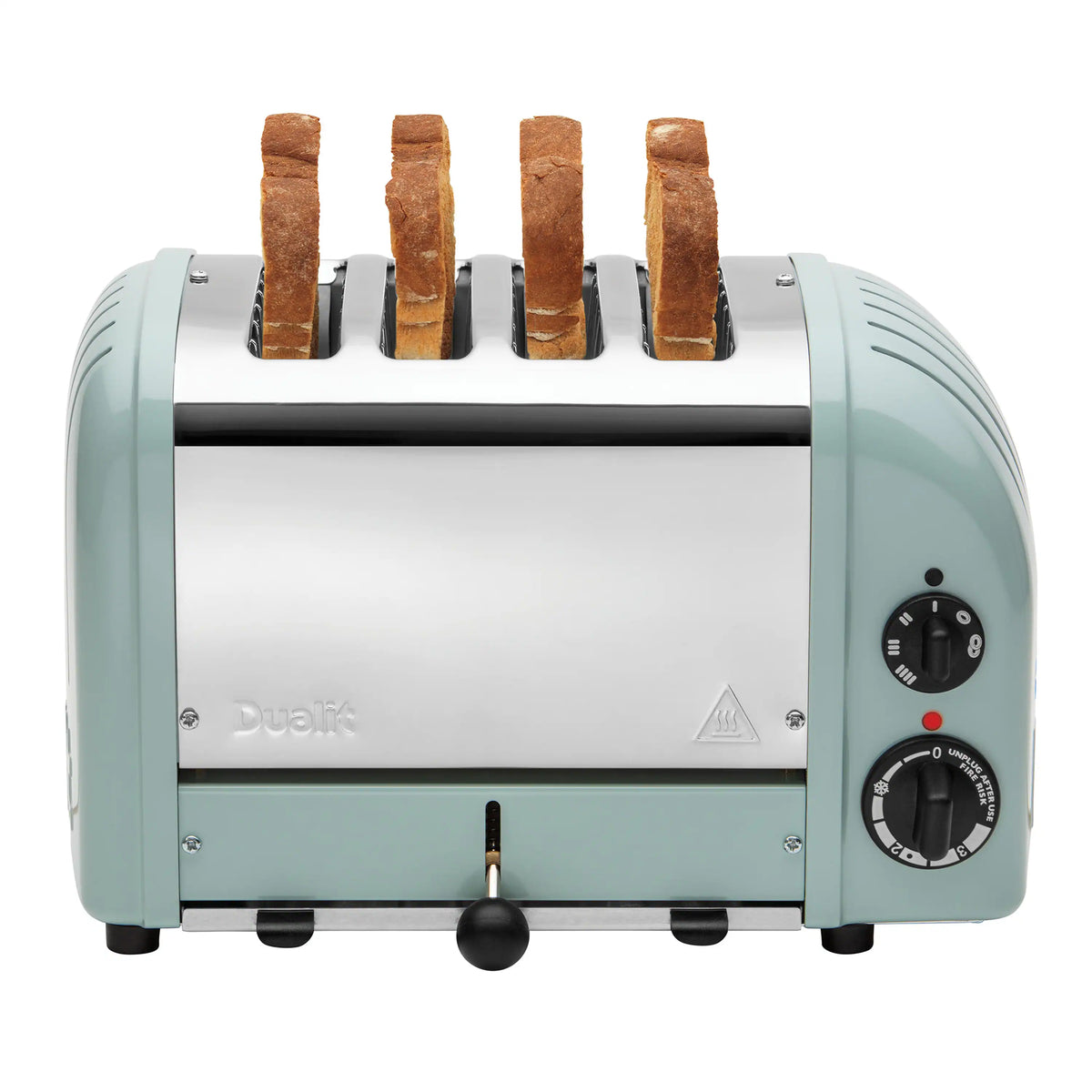 Dualit NewGen four-slice toaster front with four toasting slices in slots