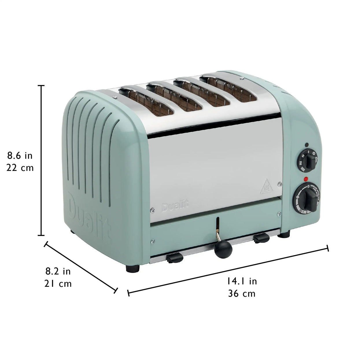 Dualit NewGen four-slice toaster side view in eucalyptus with control knobs