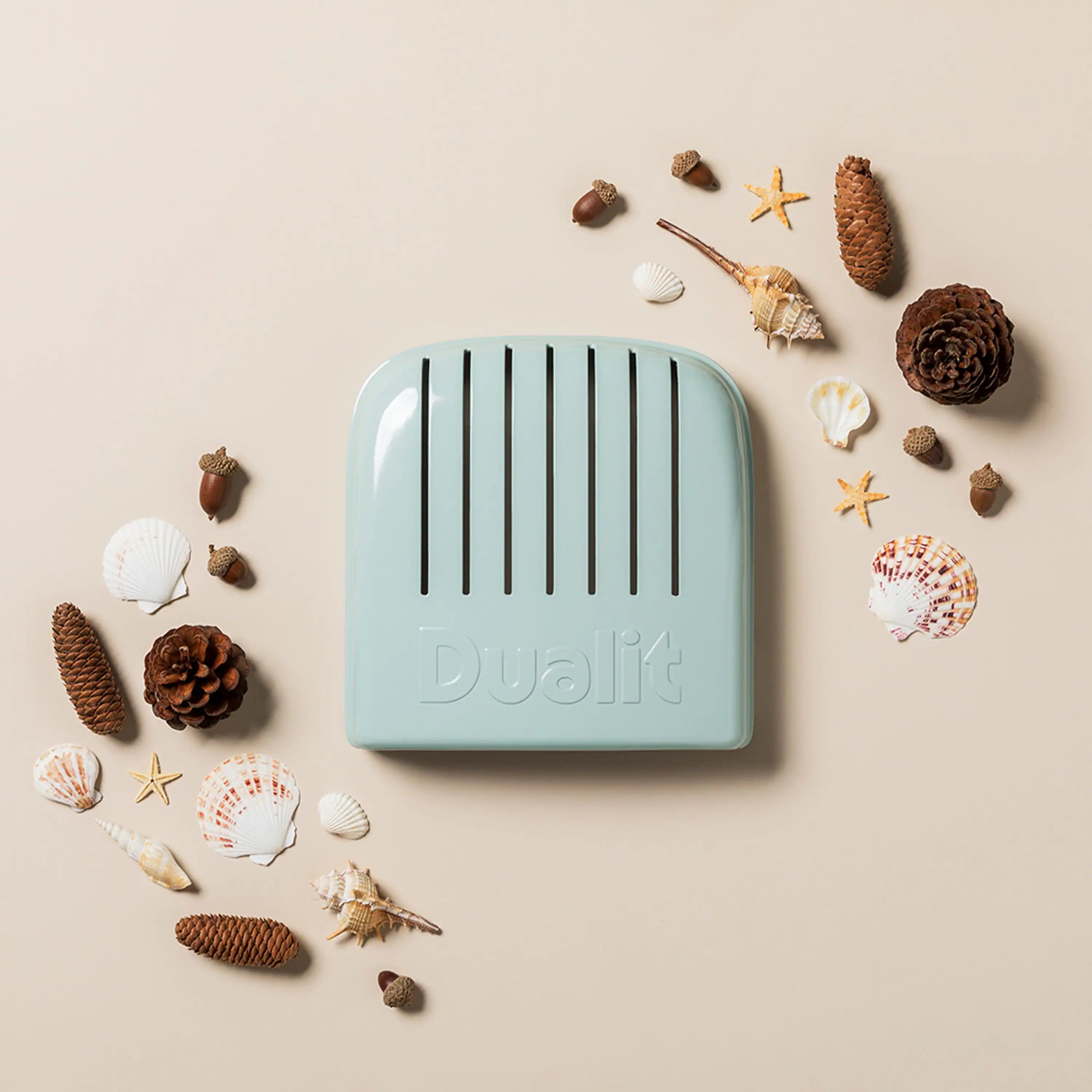 Dualit NewGen four-slice toaster top view in eucalyptus with browning slots