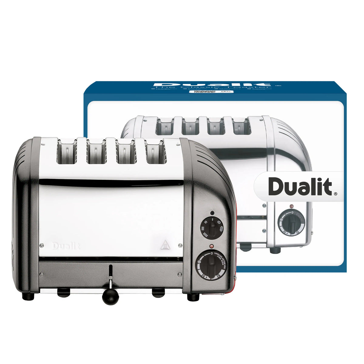 Dualit 4-slice toaster on retail packaging, metallic charcoal finish