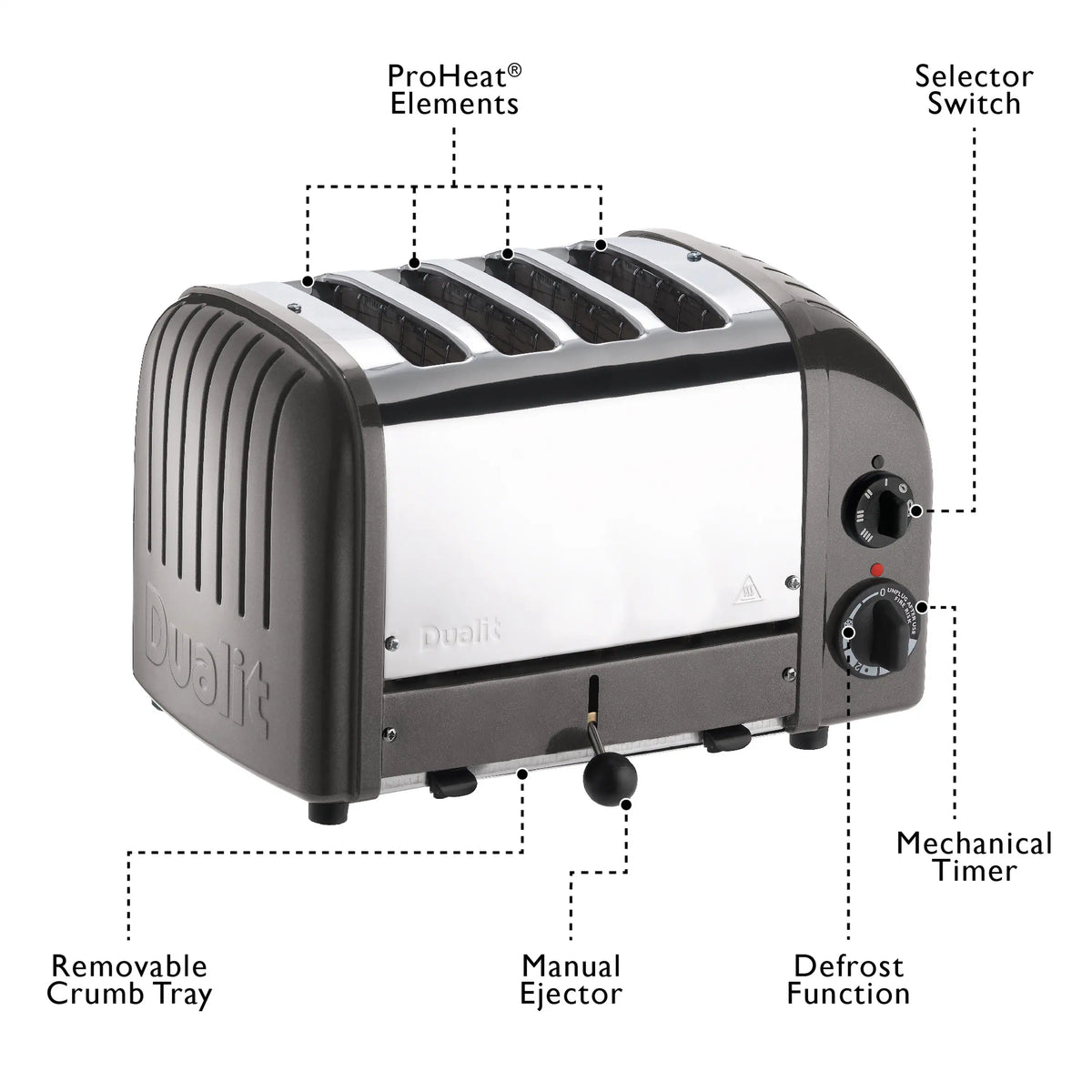 Dualit 4-slice toaster with manual eject lever, defrost function, and crumb tray