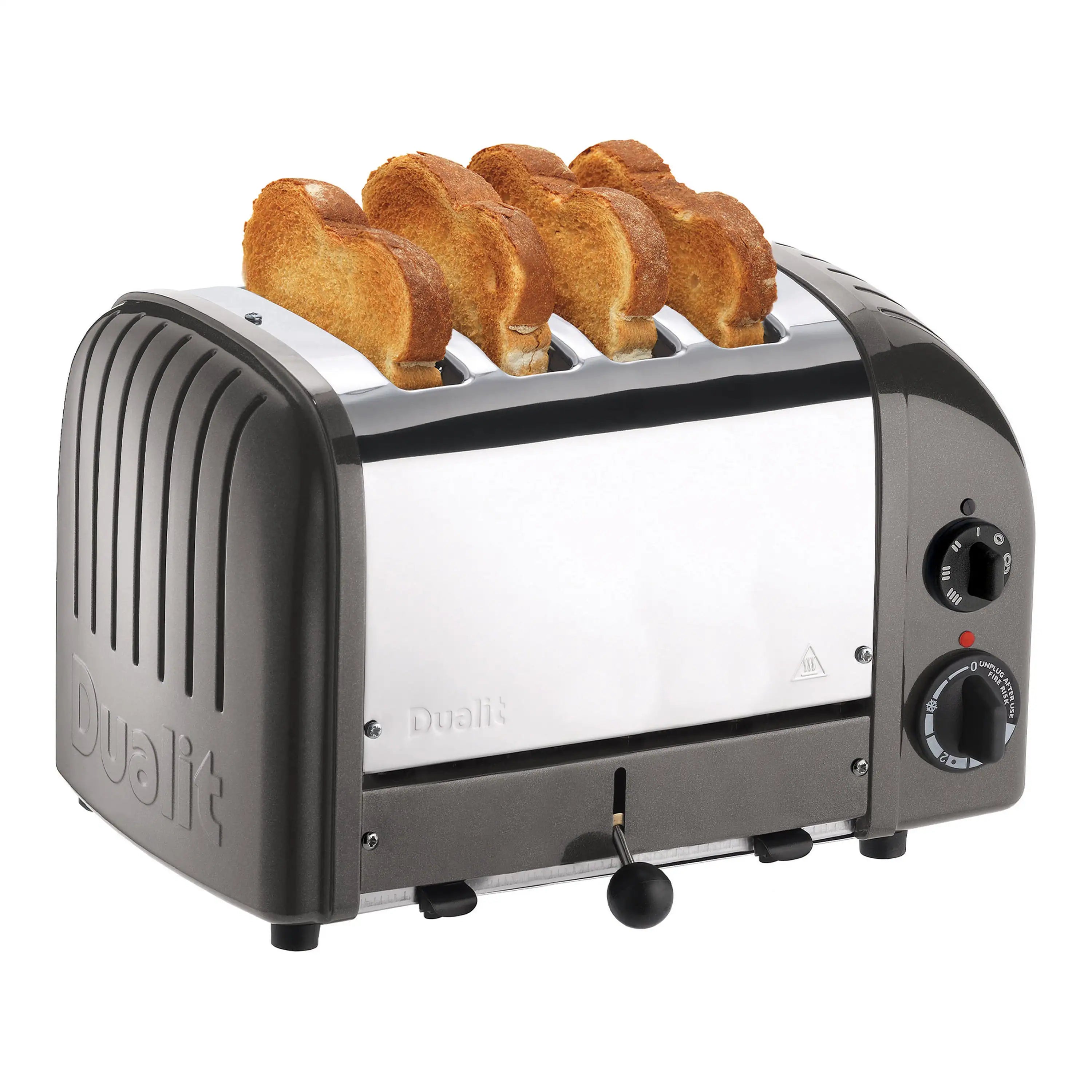 Dualit 4-slice toaster in metallic charcoal, bread slices lifted in the slots
