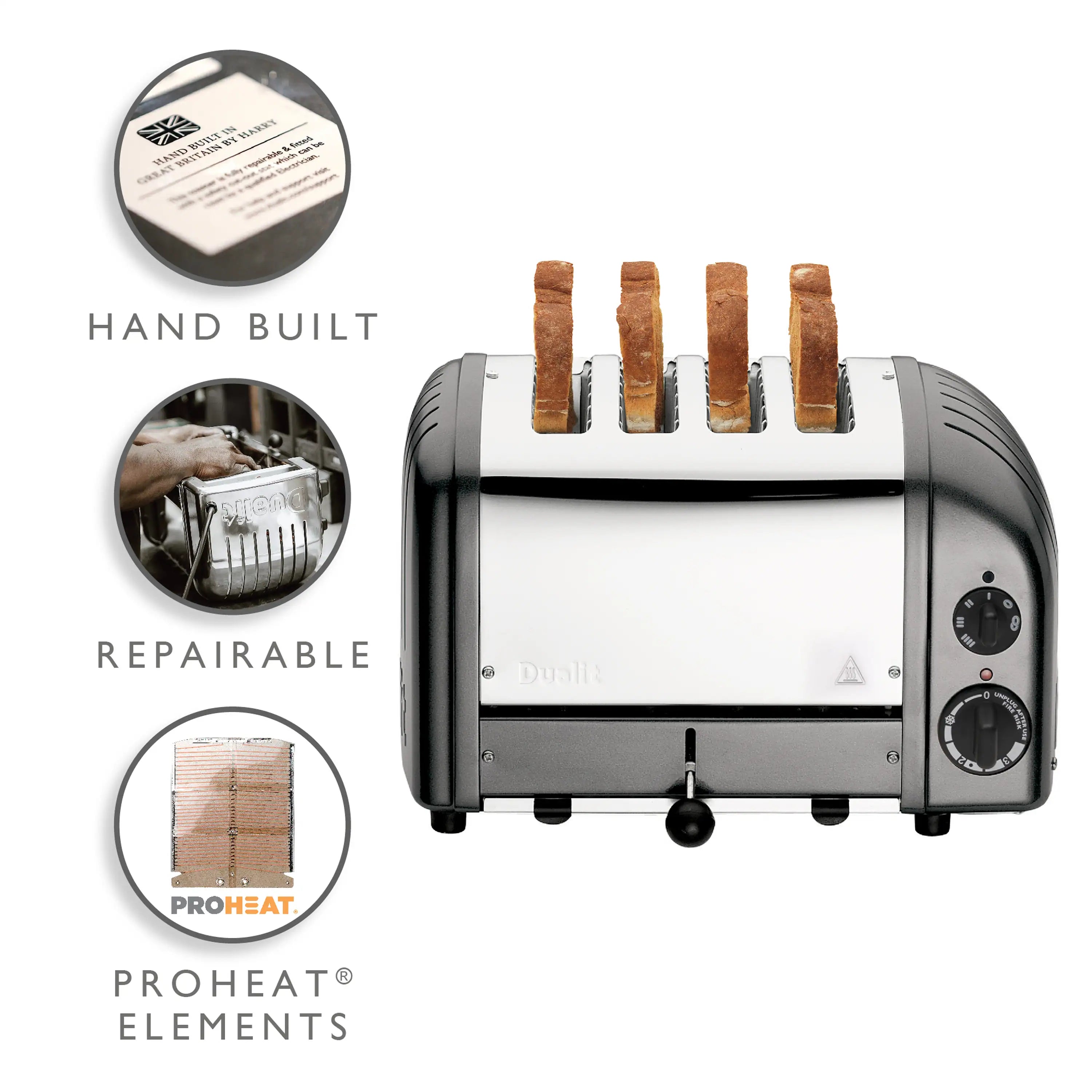 Dualit 4-slice toaster in metallic charcoal, front view with Proheat element icon