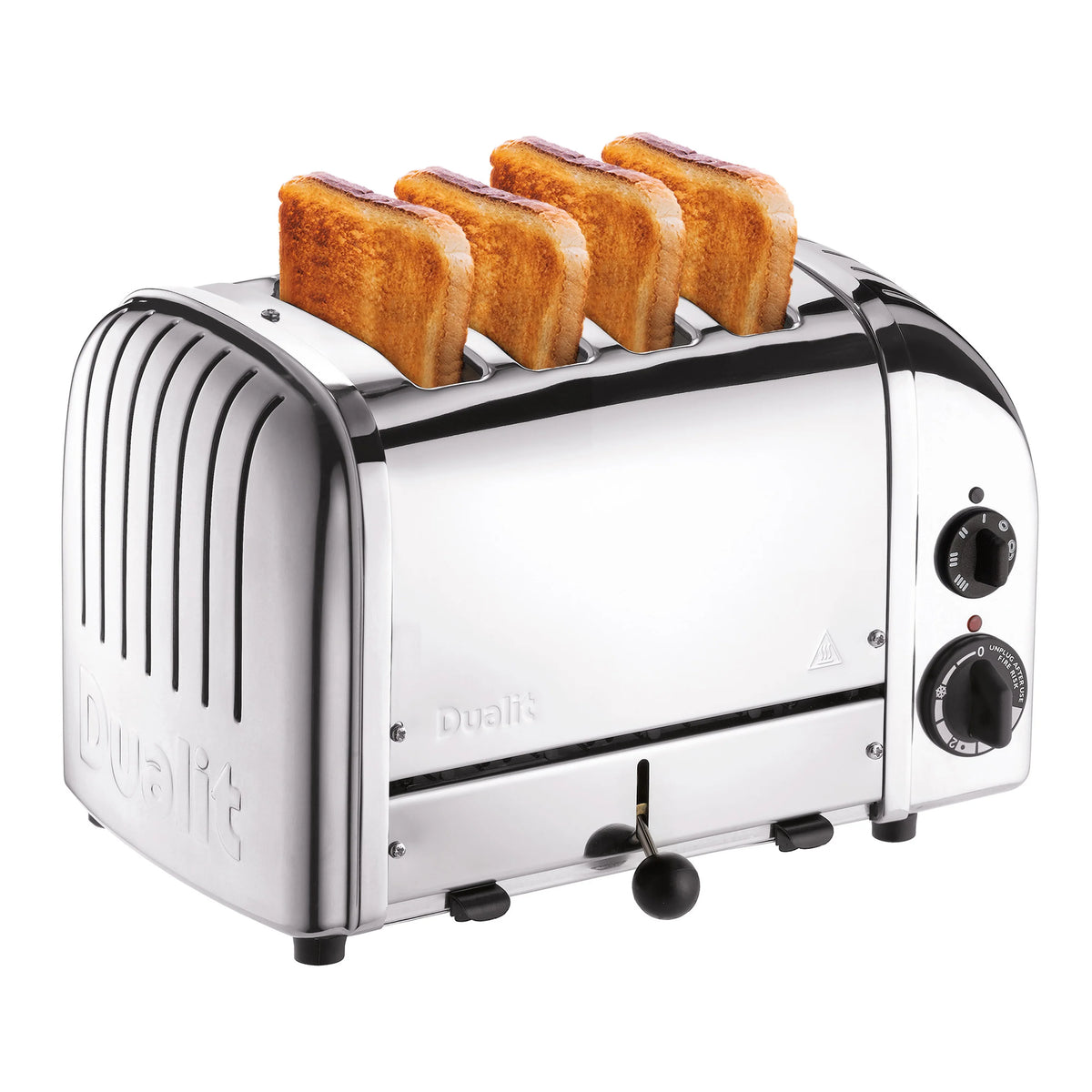 Dualit 4-slice chrome toaster with four golden toast slices inside the top