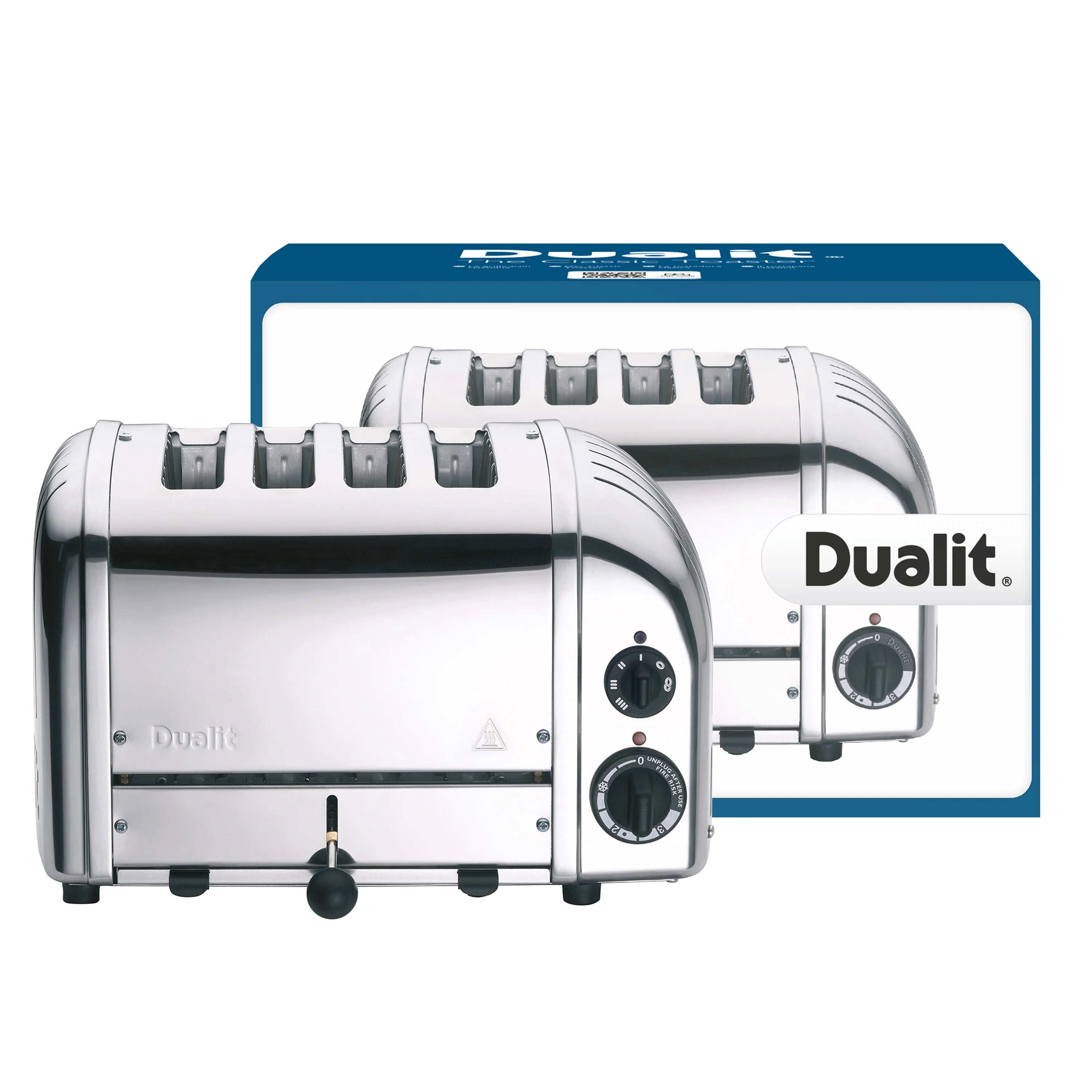 Dualit 4-slice chrome toaster in retail packaging with side control panel