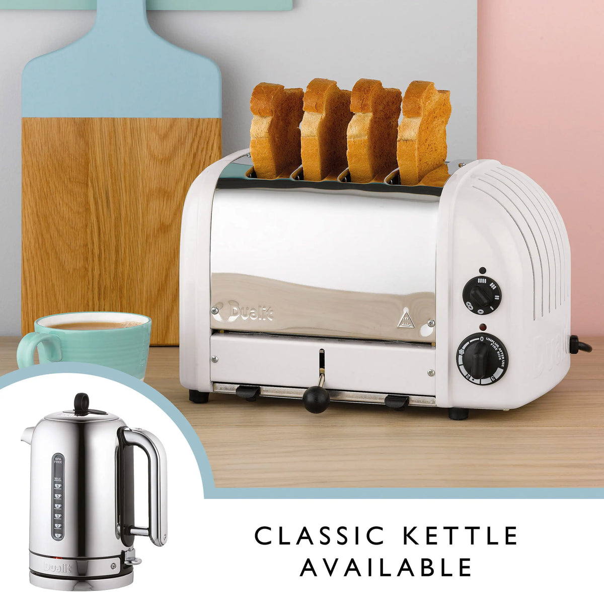 White Dualit 4-slice NewGen toaster with four toast slices and browning dial