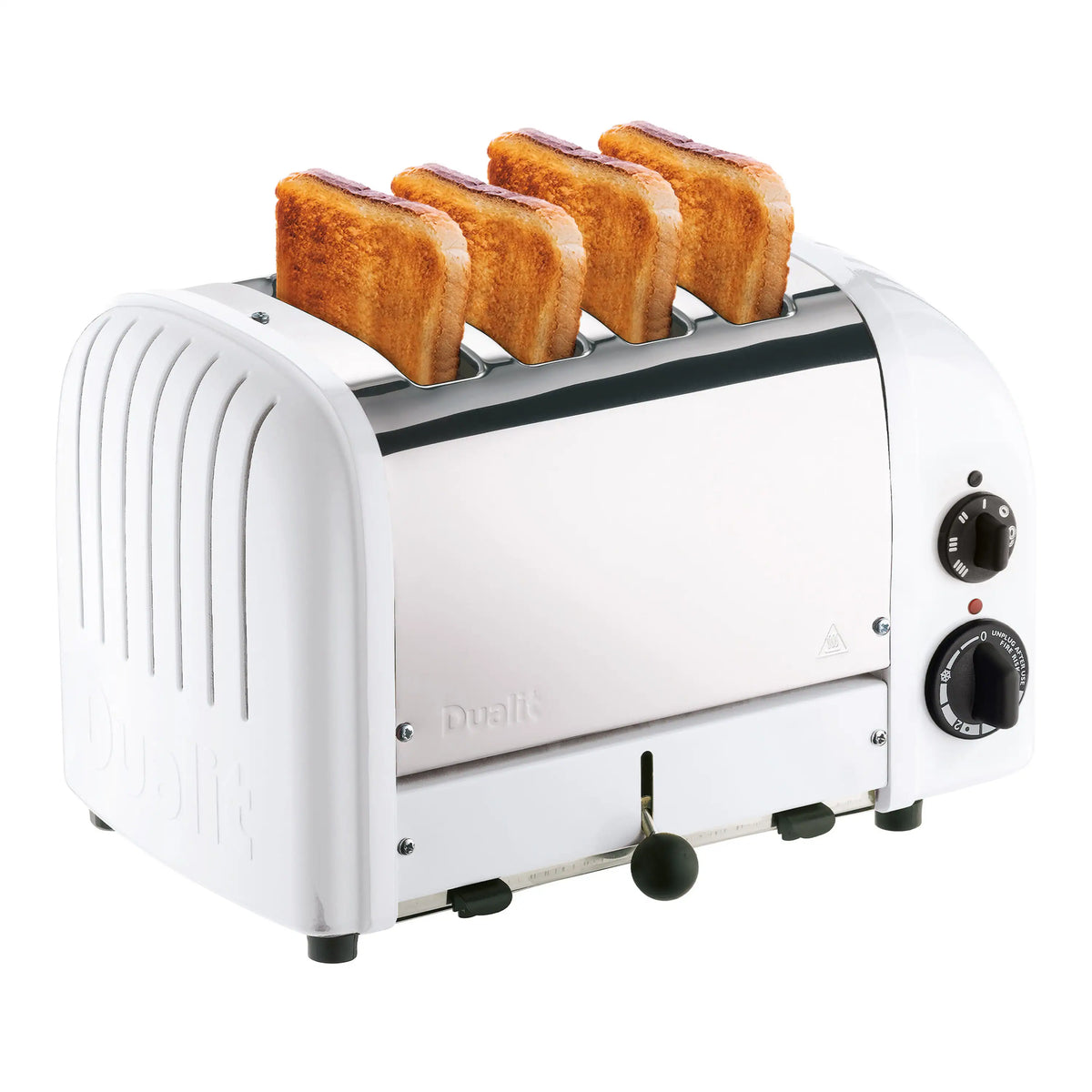 Dualit 4-slice NewGen toaster in white with four bread slots and control knobs