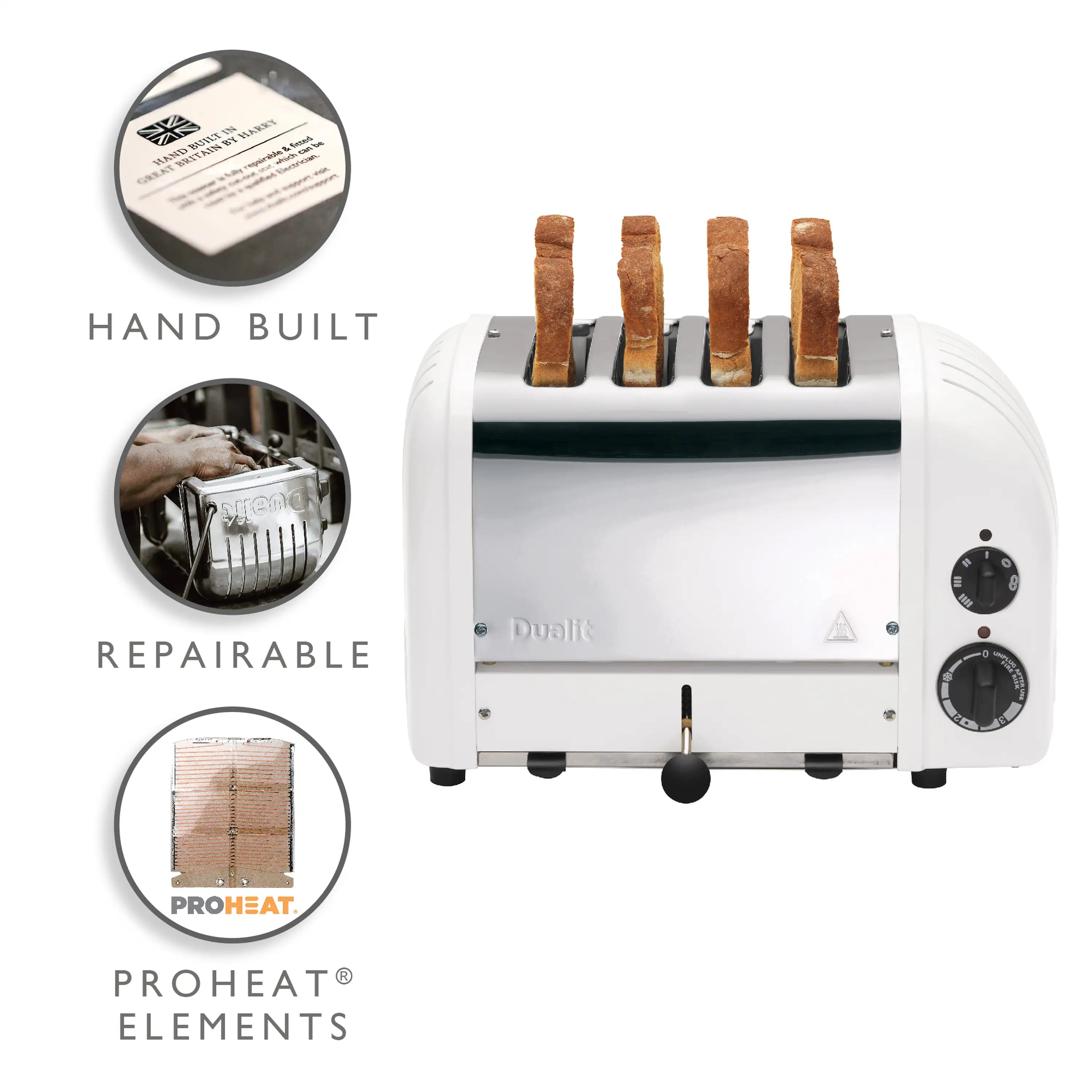 White 4-slice toaster showing four toasting bread slices on the rack