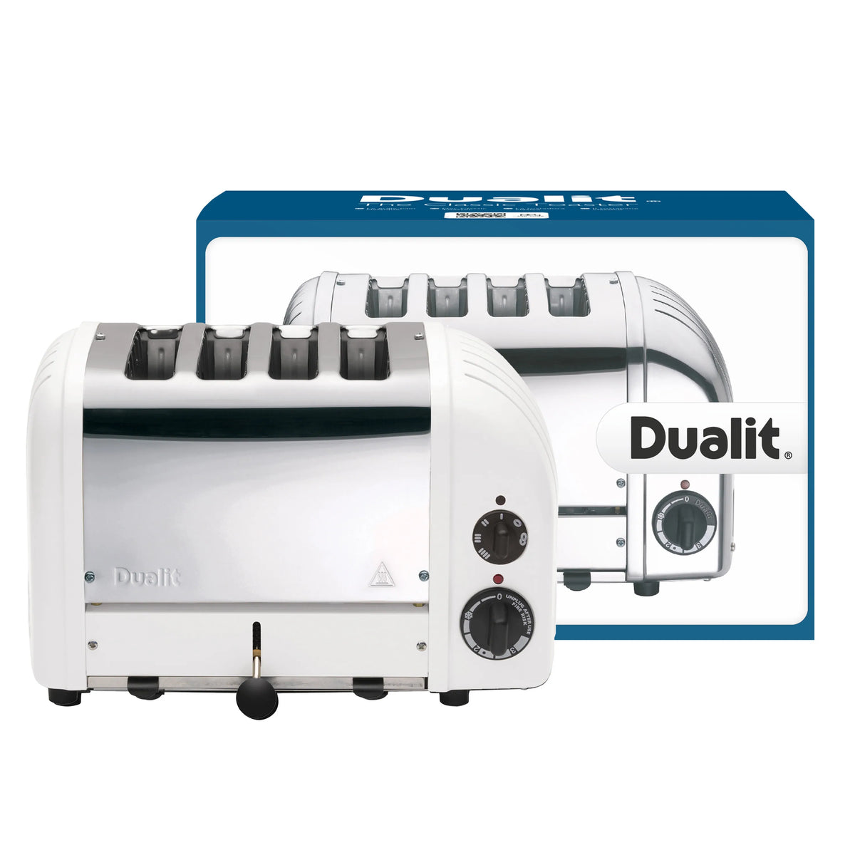 Dualit 4-slice NewGen toaster in white with two browning dials and lever