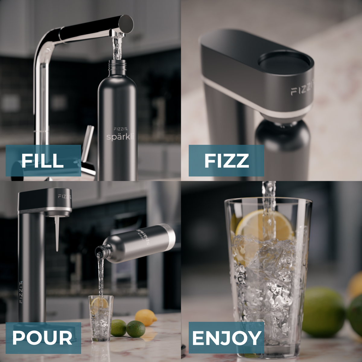 Fizzit Spärklï Sparkling Water Maker Hydration Set with 60L CO2 Cylinder and 3 Stainless Steel Bottles