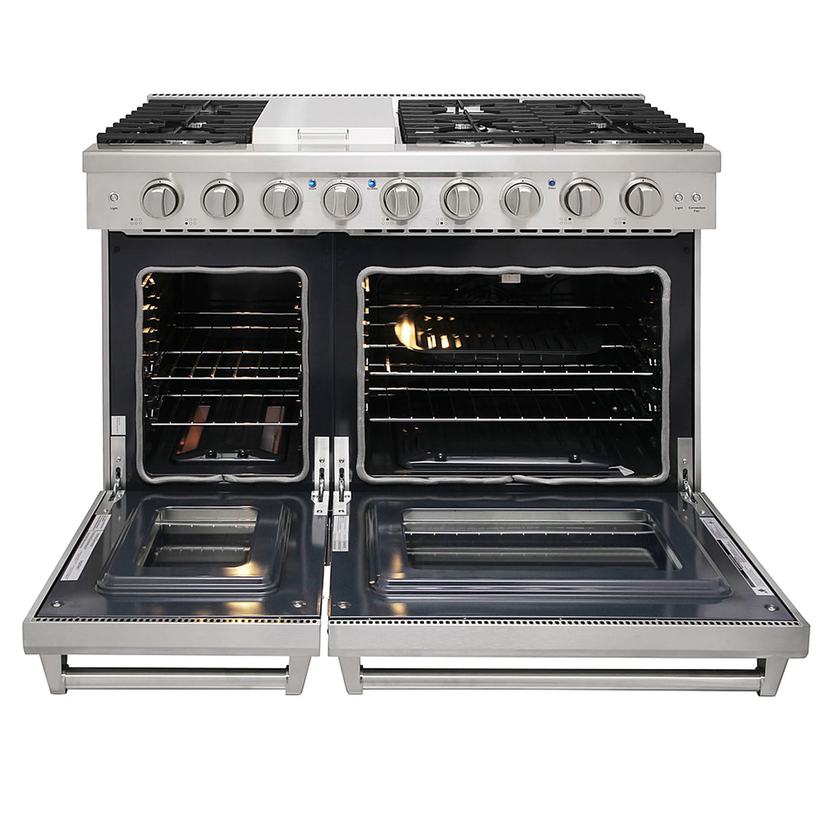 Gas range with two open oven doors and illuminated convection oven interior, stainless