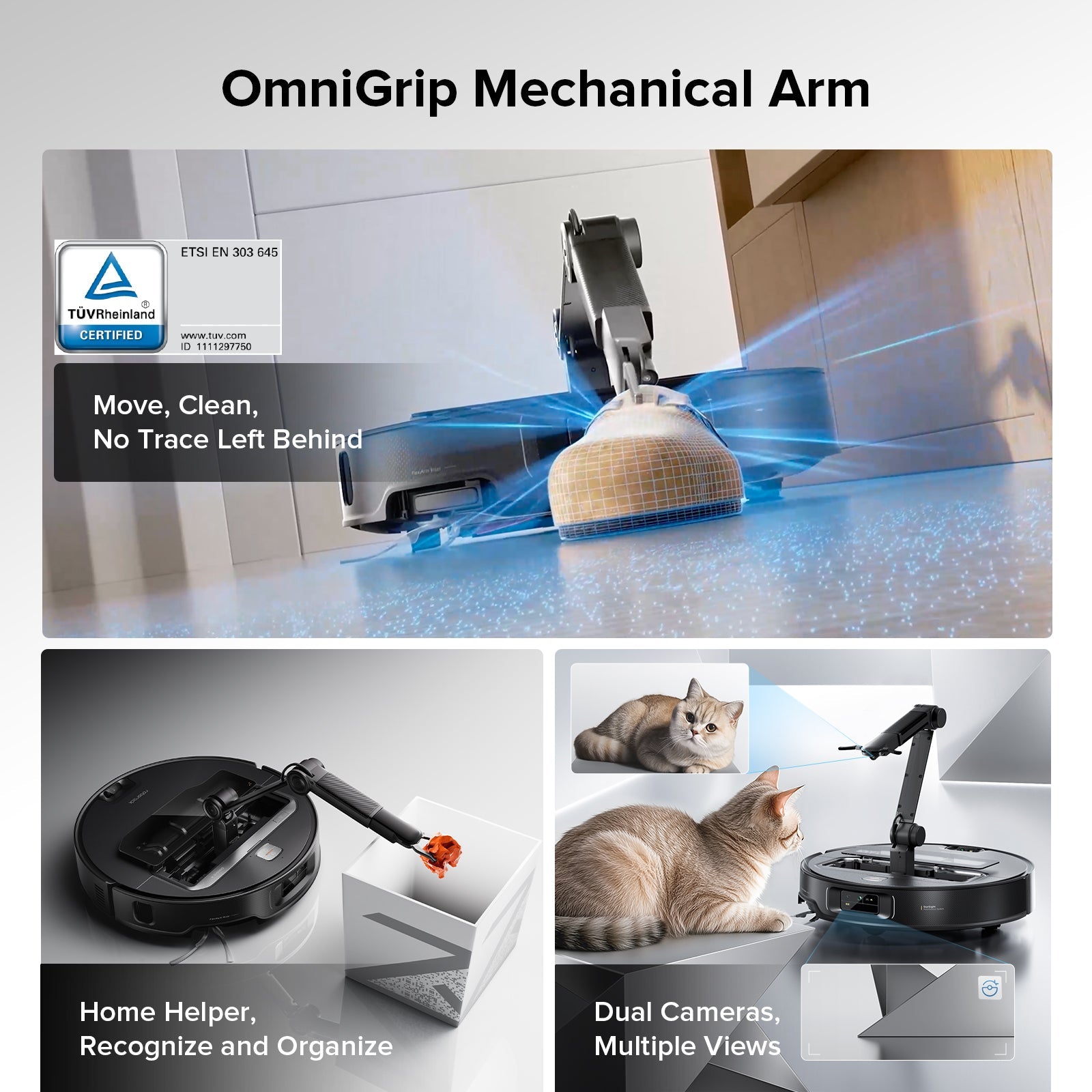 Robot vacuum with OmniGrip mechanical arm reaching a scrubbing pad
