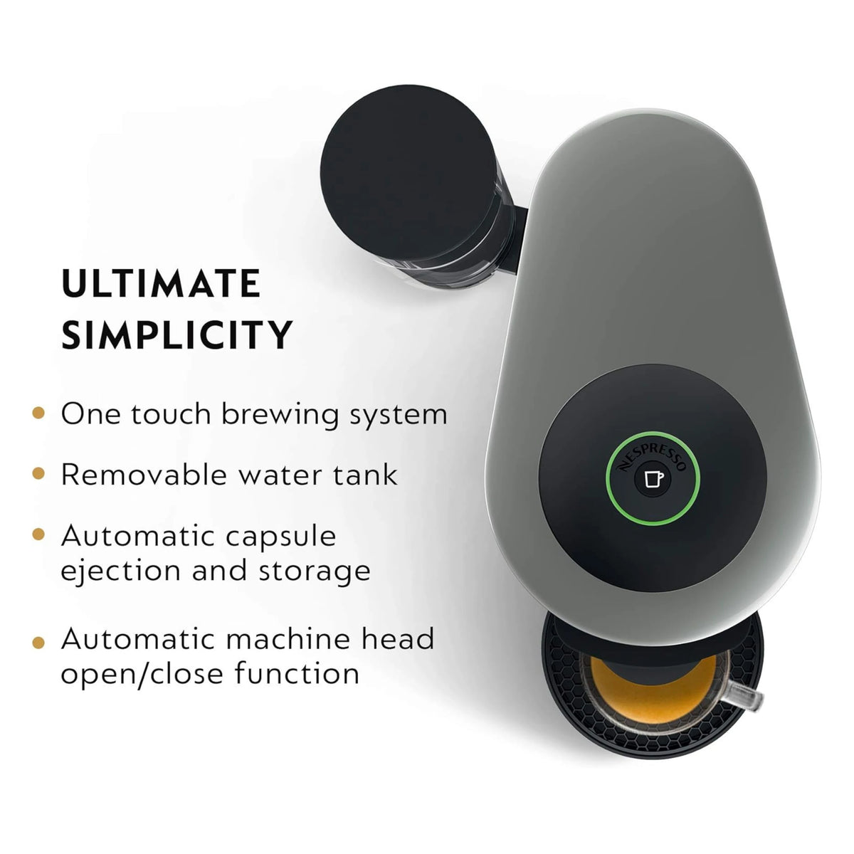 Gray Nespresso VertuoPlus coffee machine with one-touch button and capsule area