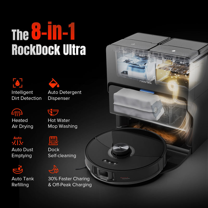 Roborock S8 MaxV Ultra with 8-in-1 RockDock® Ultra, 10,000 Pa, Liftable brush & Mop and Multifunction dock and