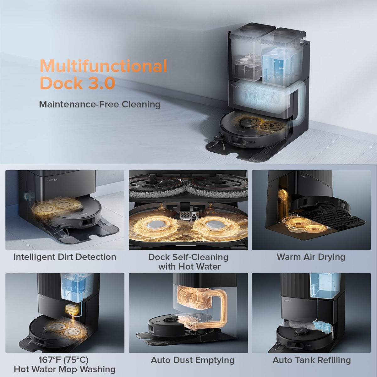 Black robot vacuum parked in multifunctional dock with open cleaning compartments