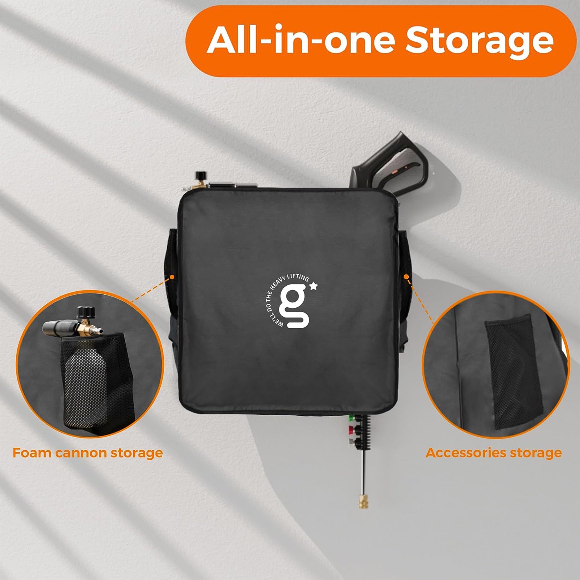 Pressure washer cover in dark fabric with carry handle and three storage sections on sides.