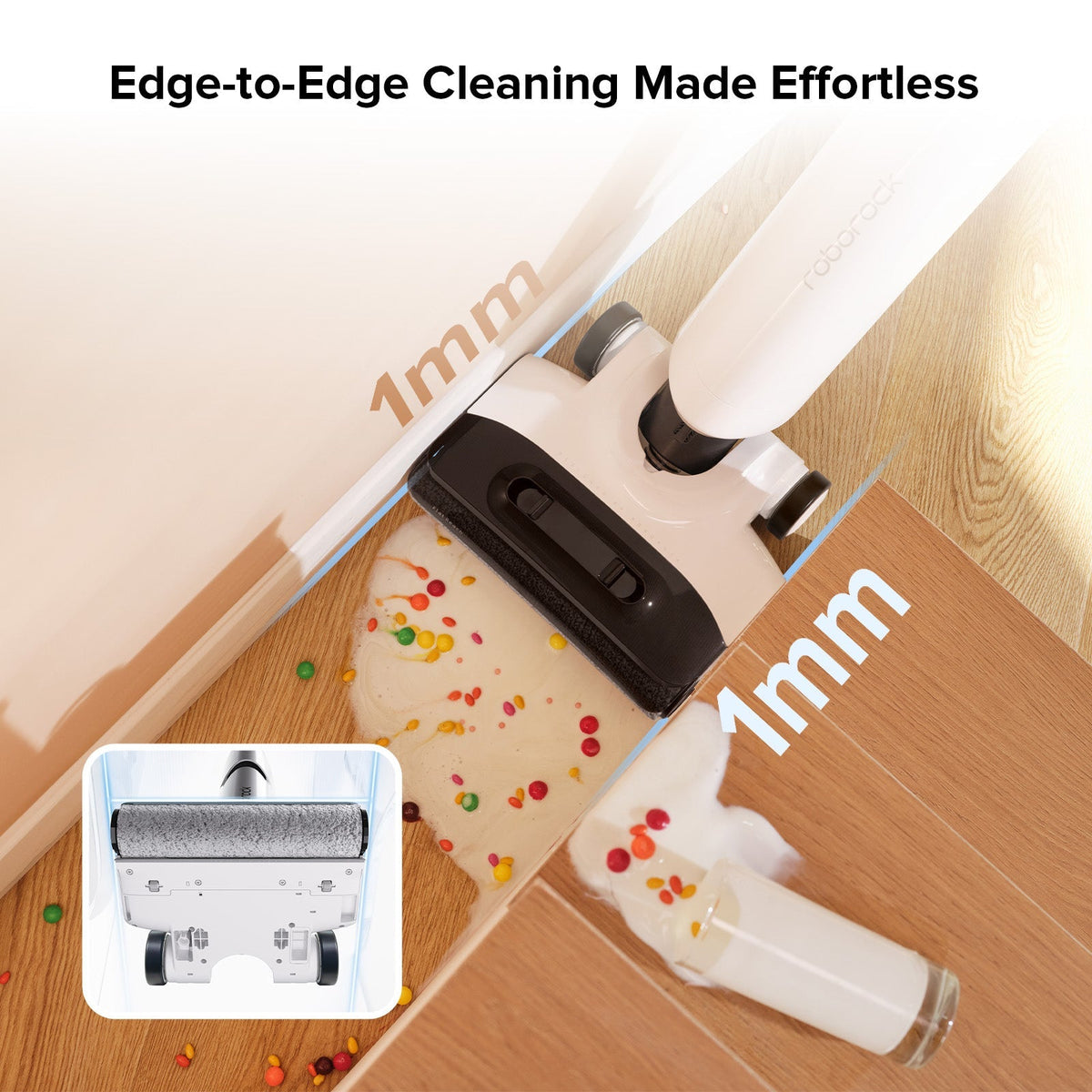 White and black vacuum cleaner with edge-to-edge mop head for corners