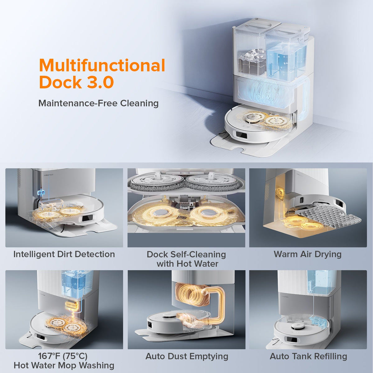 Multifunctional dock with open compartments and a white robot vacuum docked