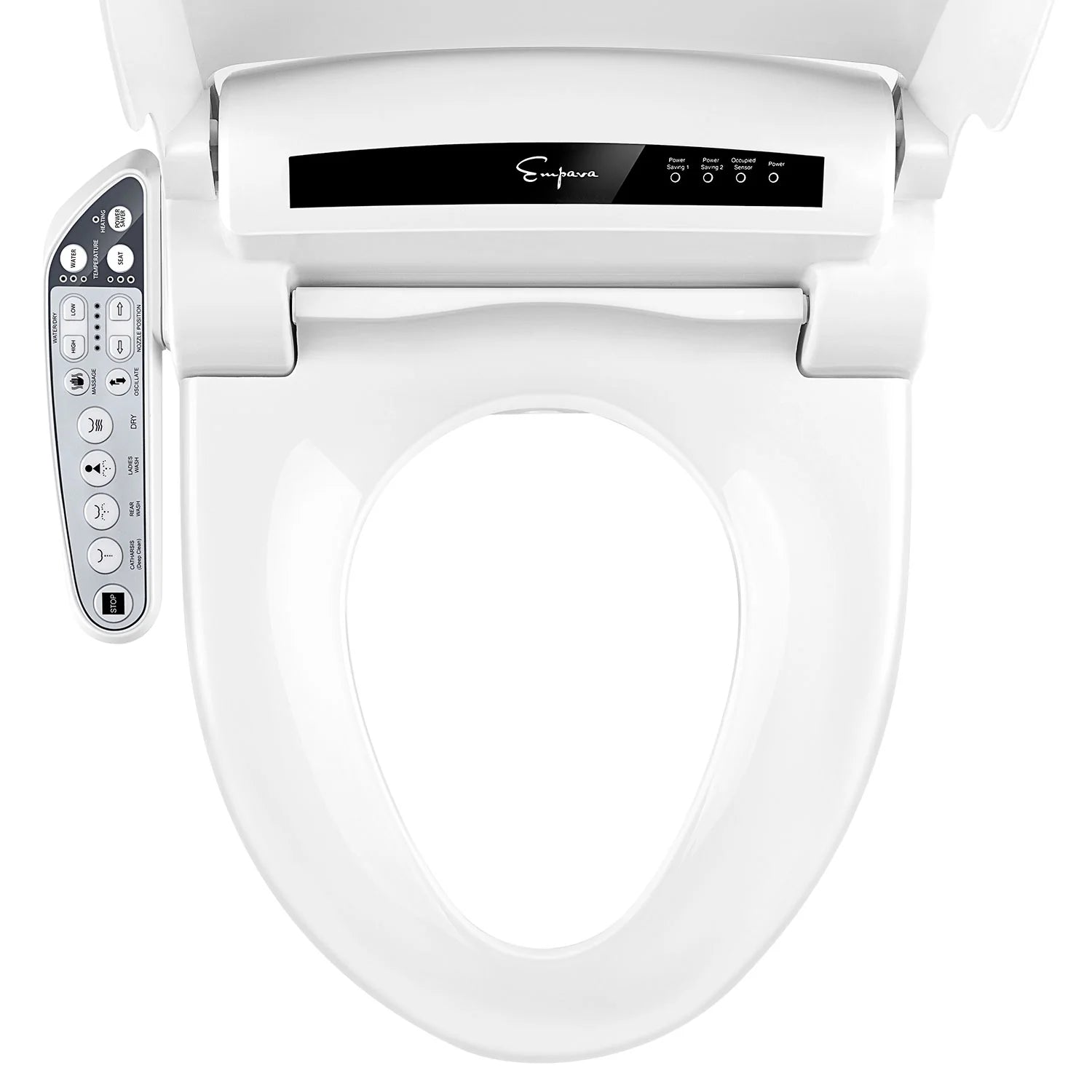 Electric bidet seat front view, white lid with black control panel and side remote