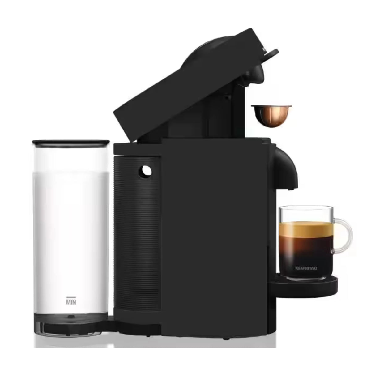 Black Nespresso VertuoPlus coffee machine with side view and brewing cup