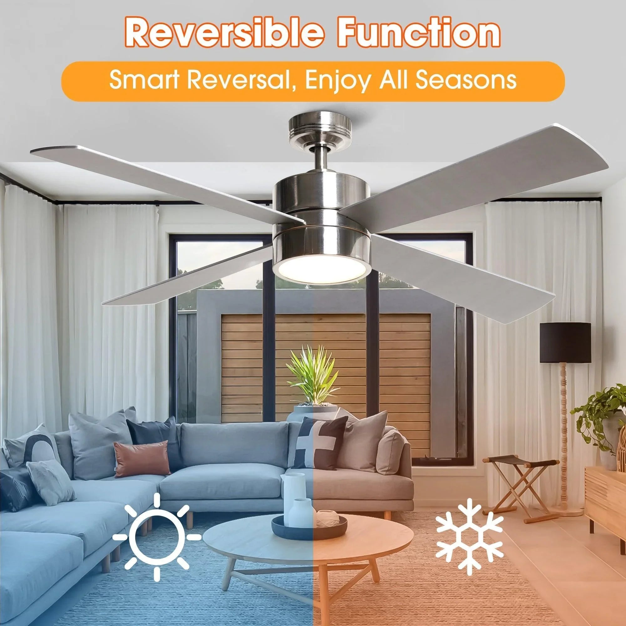 Chrome ceiling fan with 5 reversible blades and integrated LED light