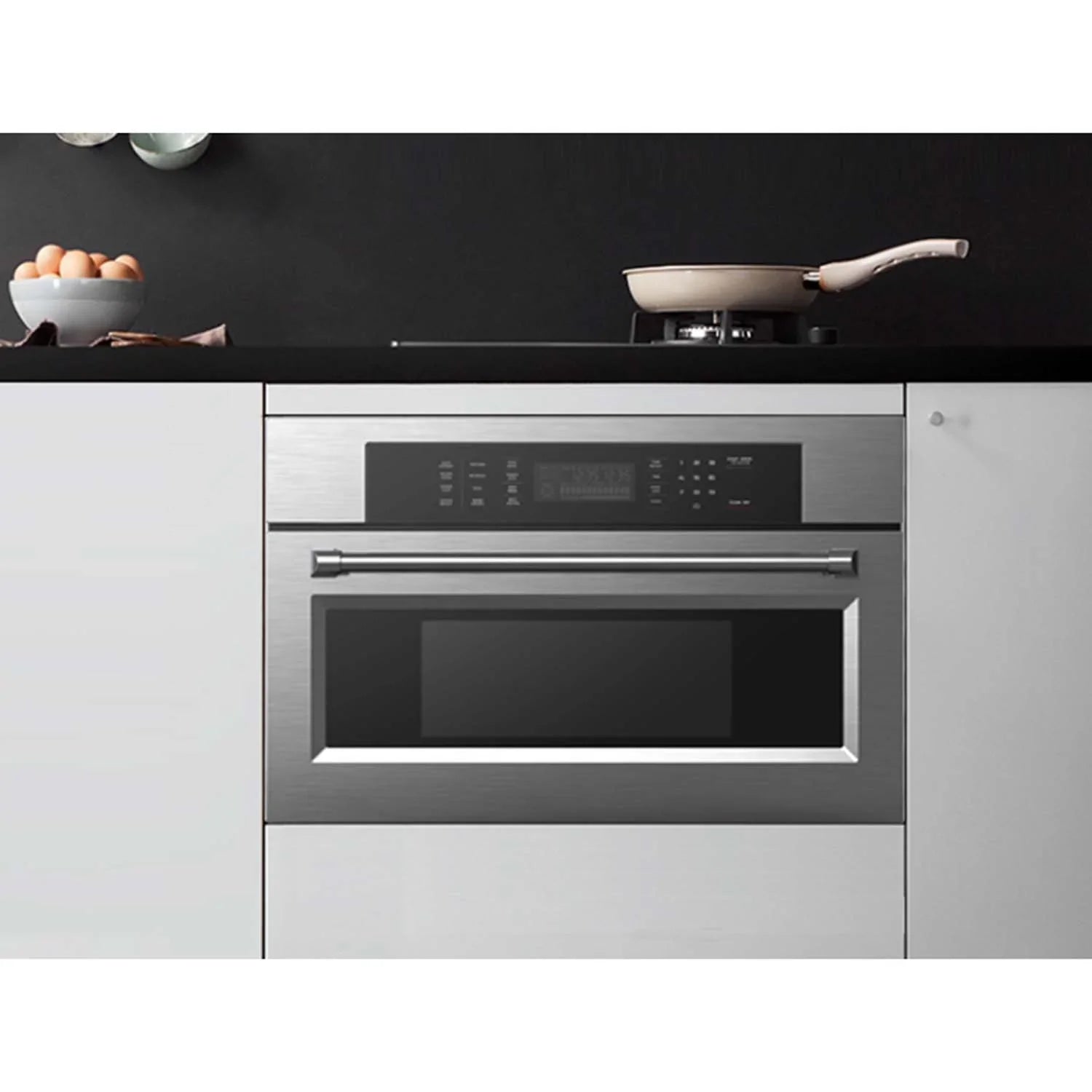 Built-in stainless wall oven with black glass door and control buttons