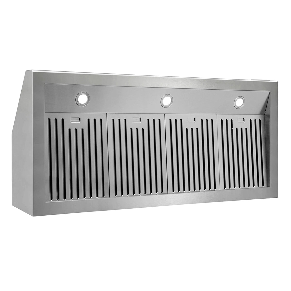 Stainless steel range hood with vented front grille and three indicator knobs