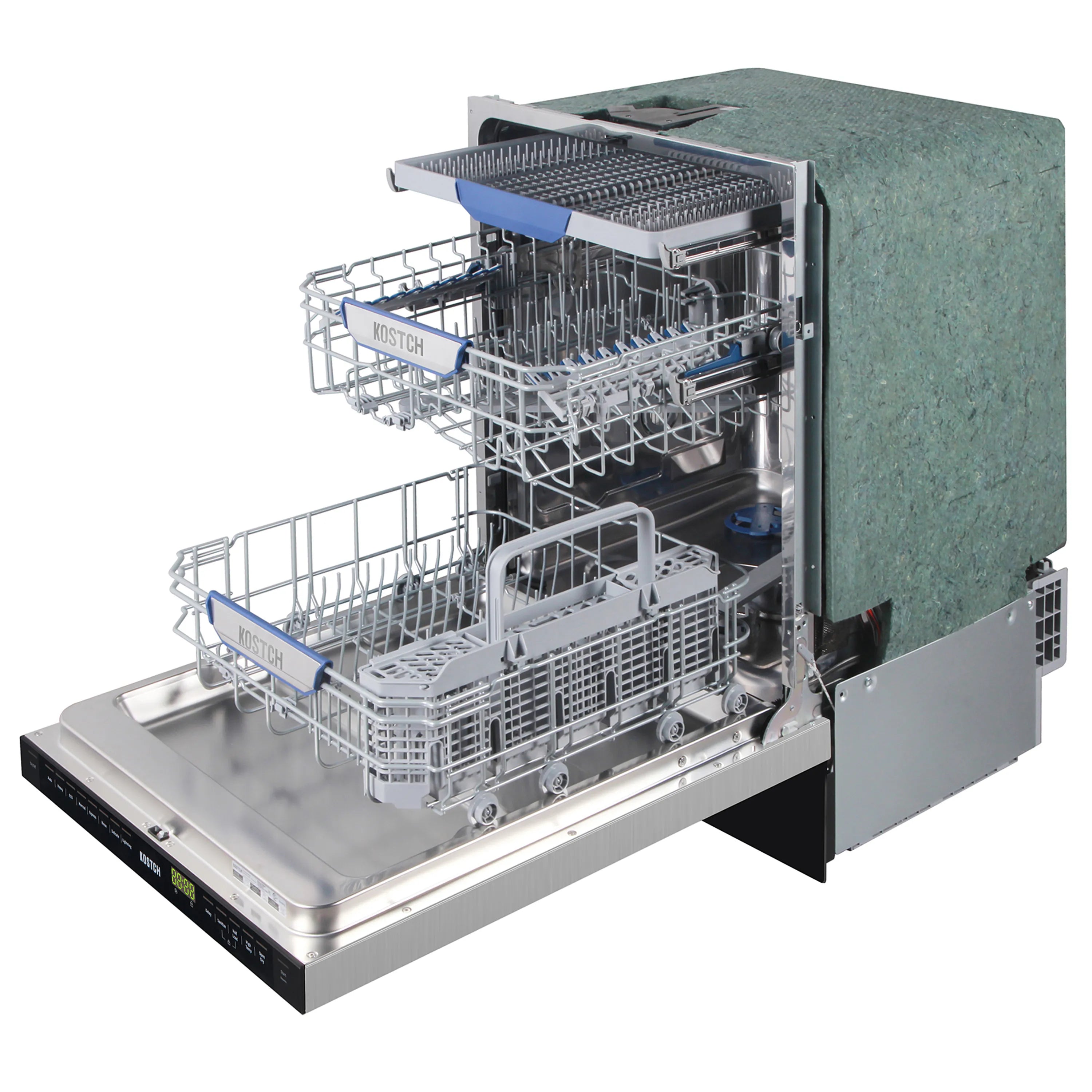 Open stainless steel built-in dishwasher with multiple racks and third rack
