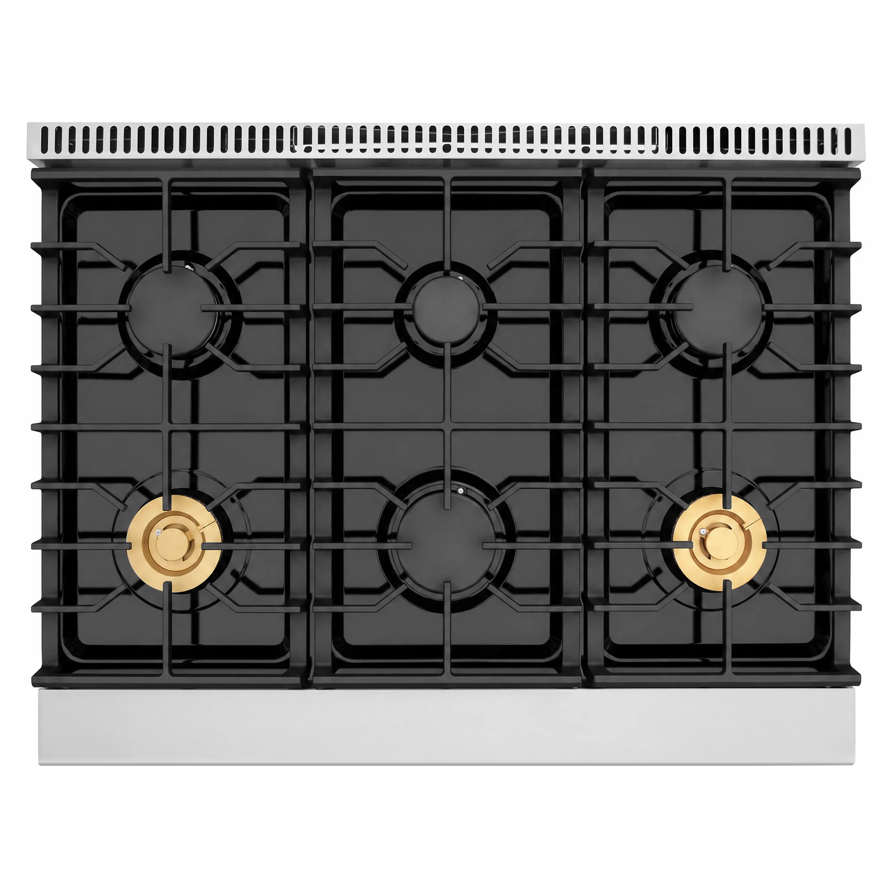 Black cooktop grates with five burner caps, including two gold-toned front burners