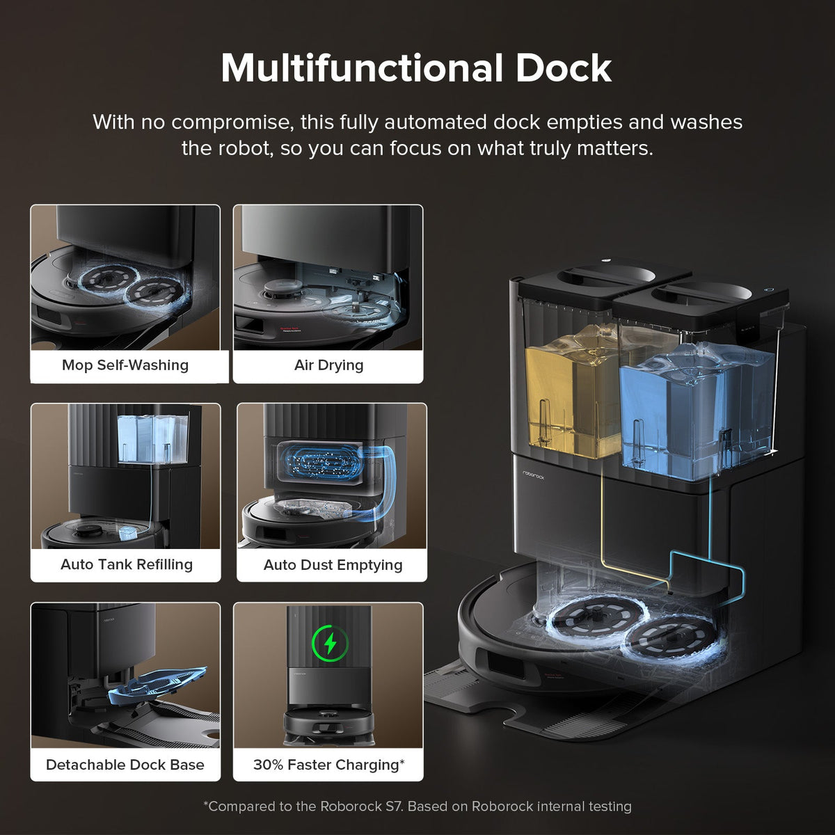 Black multifunctional robot vacuum dock with integrated tank and compartments
